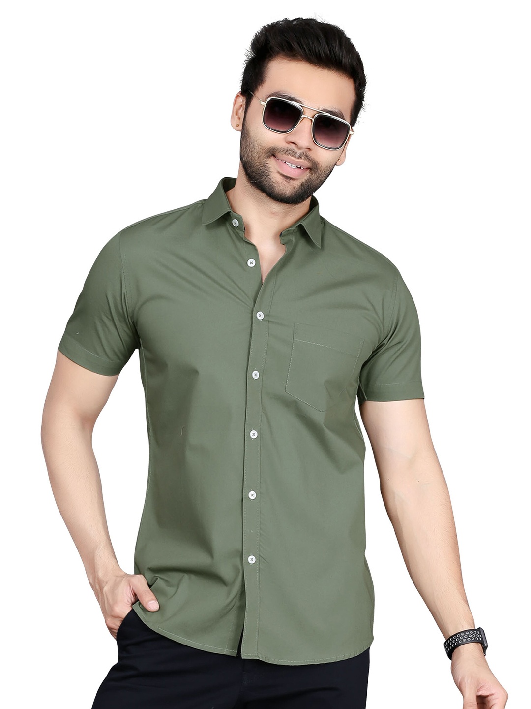 

5TH ANFOLD Men Olive Green Slim Fit Pure Cotton Casual Shirt