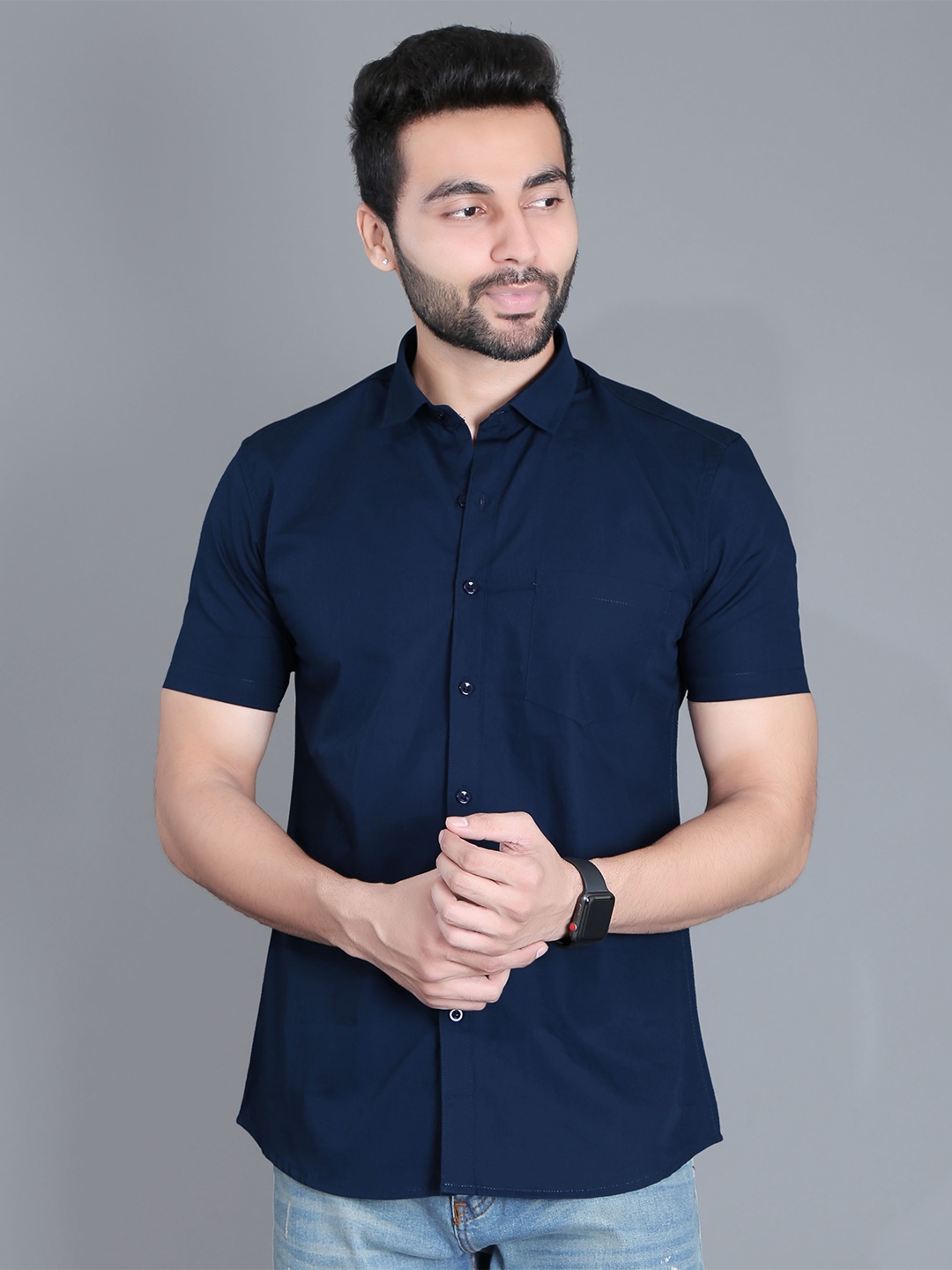 

5TH ANFOLD Men Navy Blue Slim Fit Pure Cotton Casual Shirt