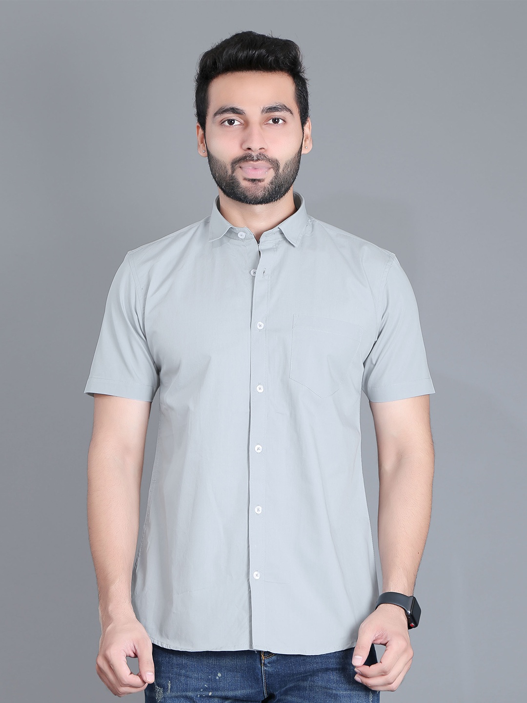 

5TH ANFOLD Men Grey Melange Slim Fit Pure Cotton Casual Shirt