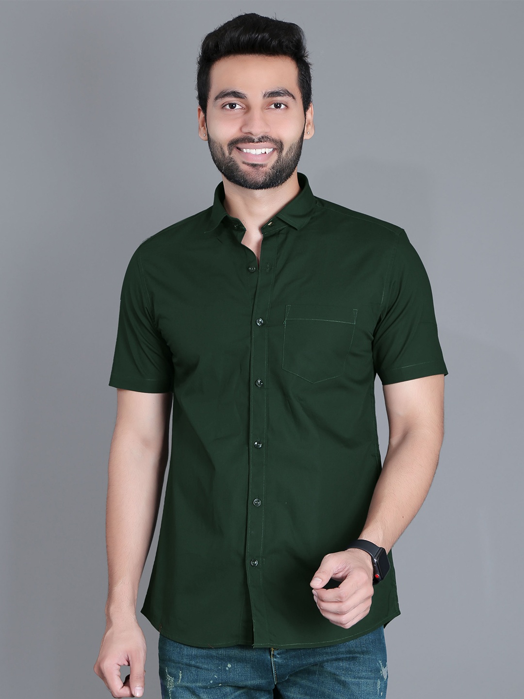 

5TH ANFOLD Men Olive Green Slim Fit Pure Cotton Casual Shirt