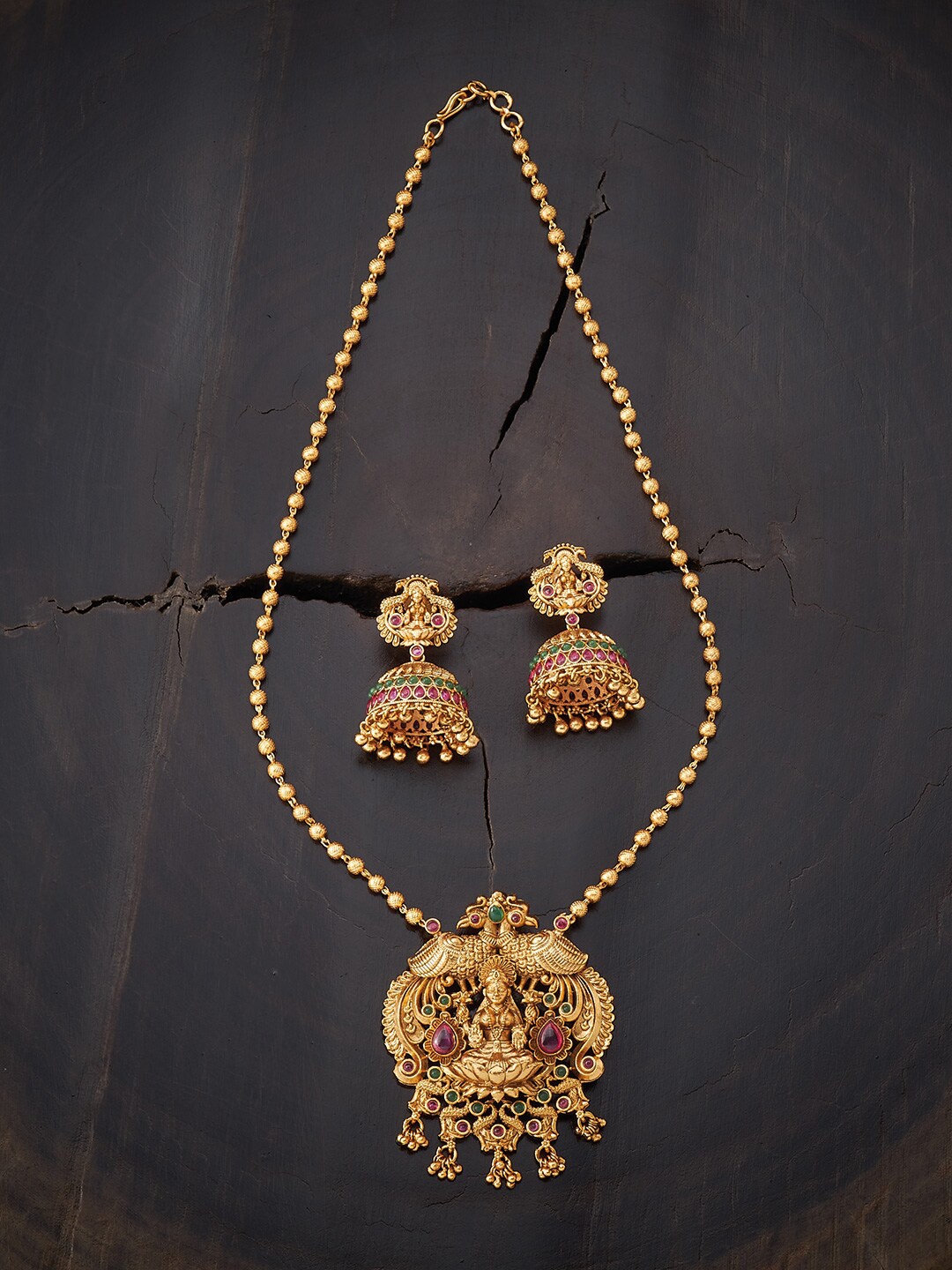 

Kushal's Fashion Jewellery Red & Green Gold-Plated Faux Ruby Antique Necklace