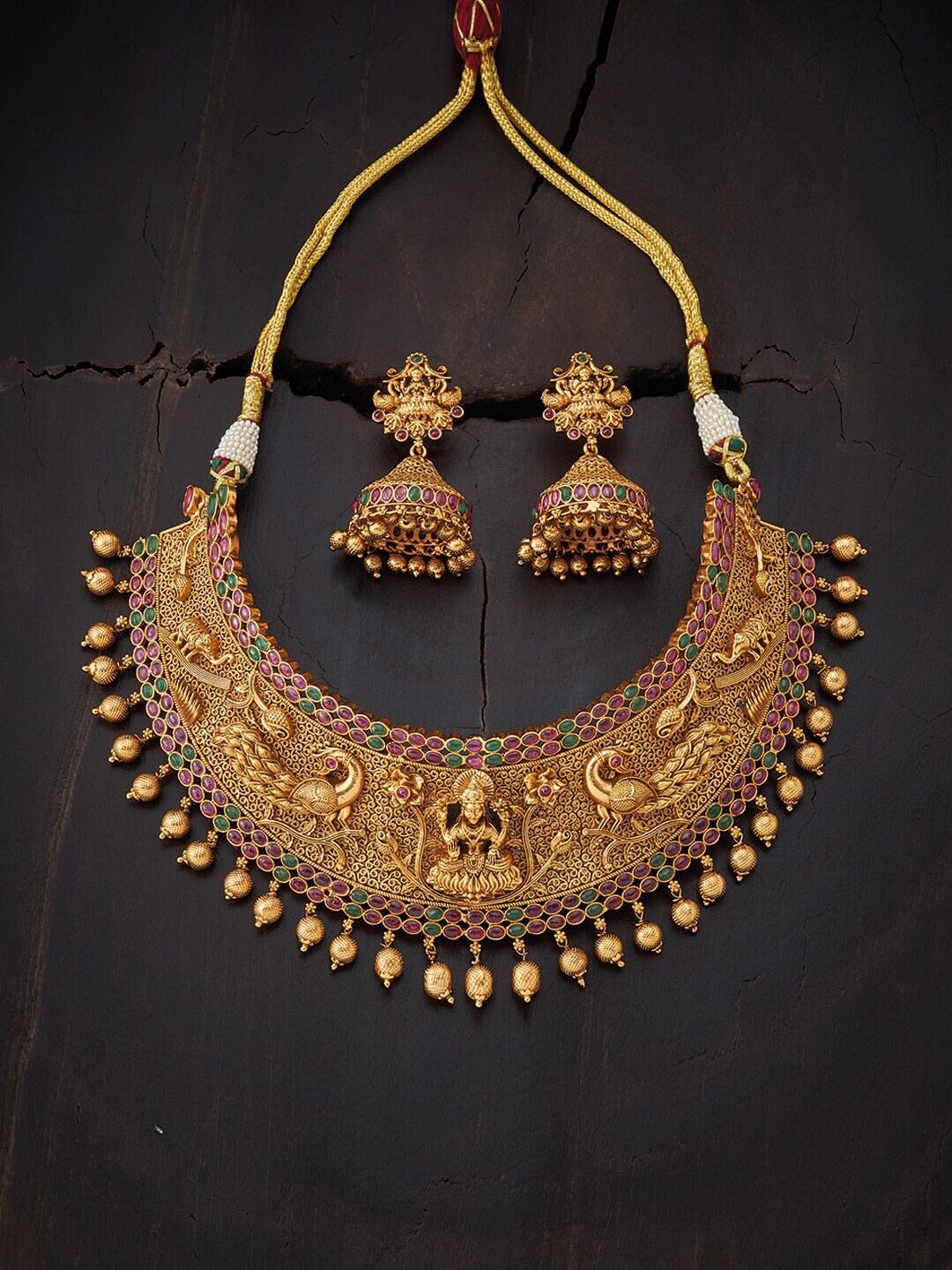 

Kushal's Fashion Jewellery Red & Green Gold-Plated Antique Necklace