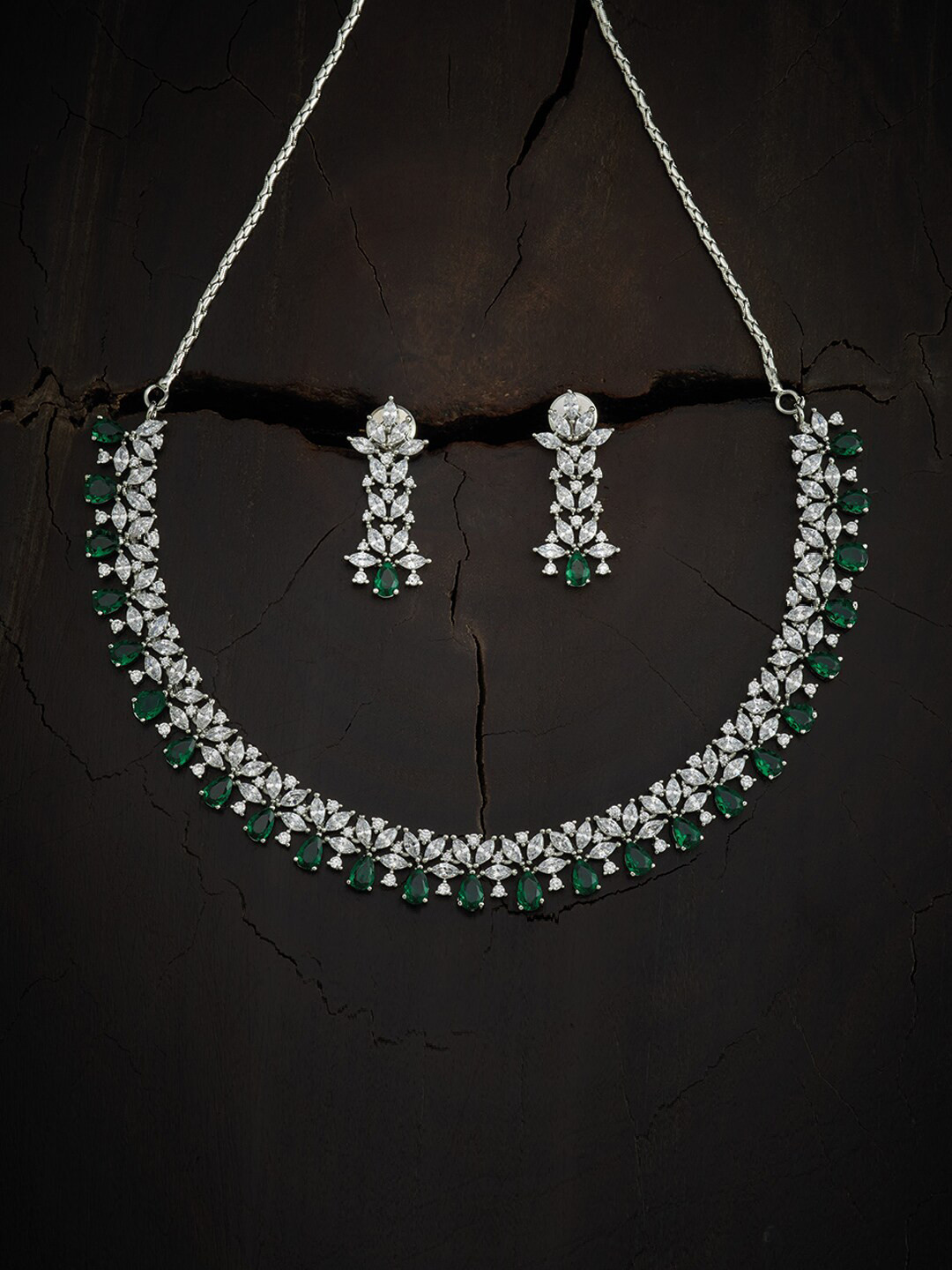 

Kushal's Fashion Jewellery Rhodium-Plated & Green Necklace With Sparkling Cubic Zirconia