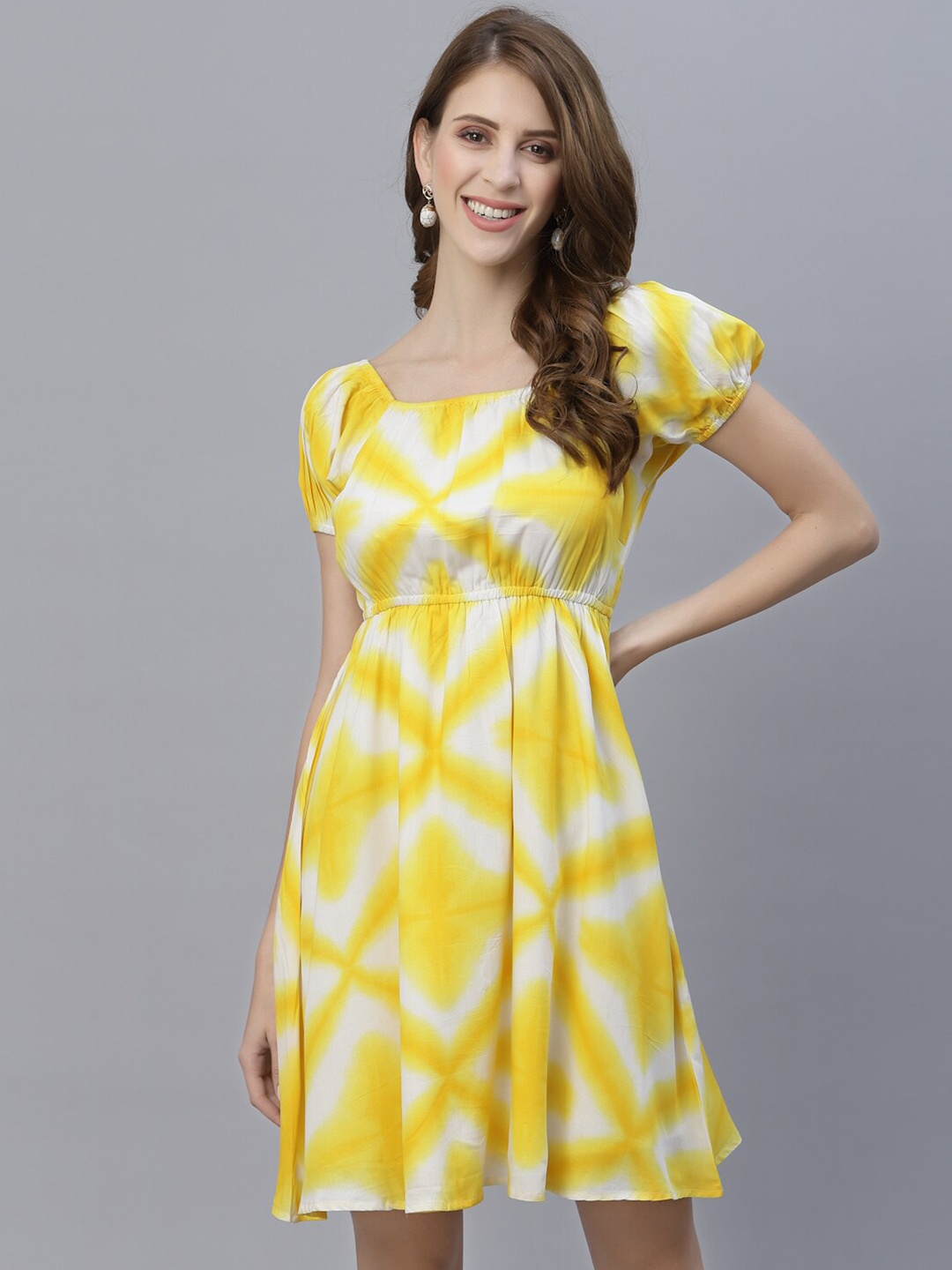 

RAASSIO Women Yellow Puffed Sleeves Tie and Dye Dress