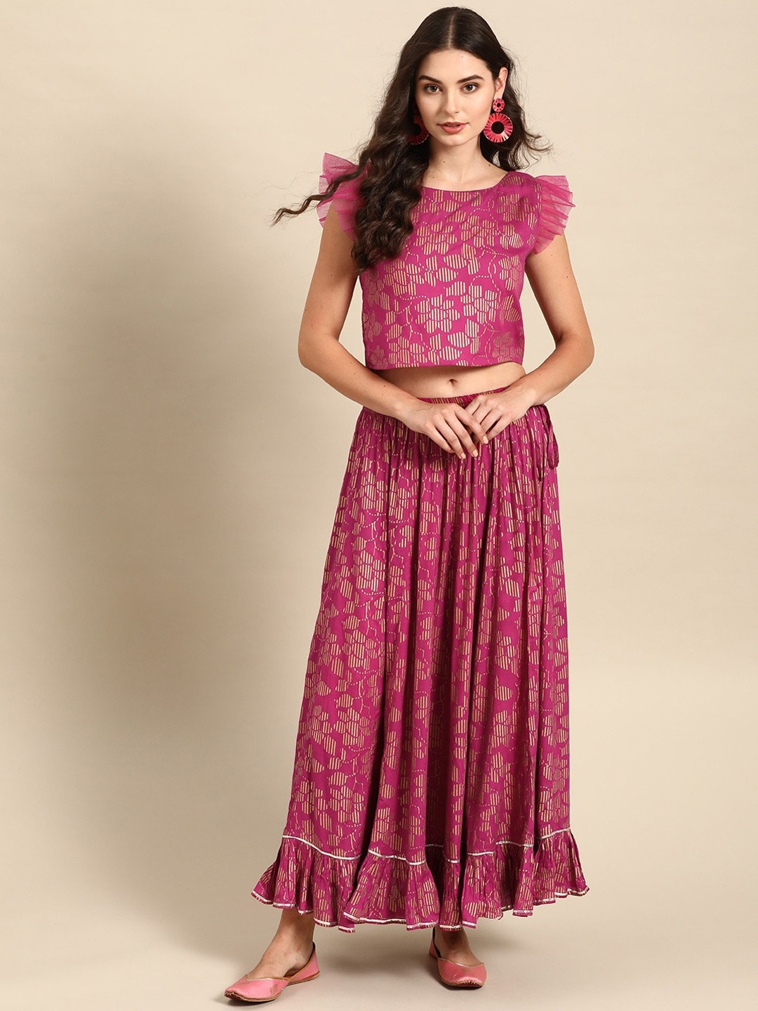 

Varanga Women Pink & Gold Ethnic Motifs Printed Co-Ord Set