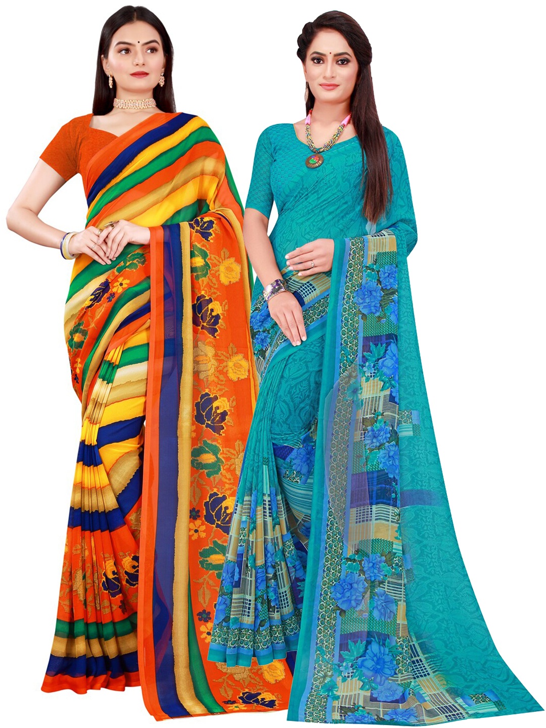 

SAADHVI Pack Of 2 Pure Georgette Sarees, Turquoise blue
