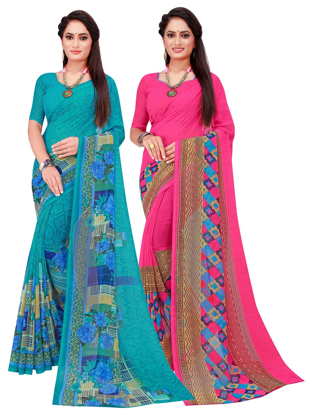 

SAADHVI Magenta & Turquoise Set Of 2 Blue Pure Georgette Saree