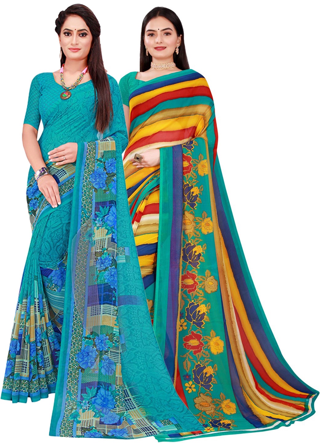 SAADHVI Turquoise Blue & Red Set Of 2 Floral Pure Georgette Saree