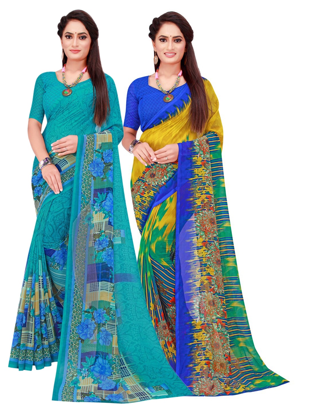 SAADHVI Pack Of 2 Pure Georgette Sarees, Turquoise blue