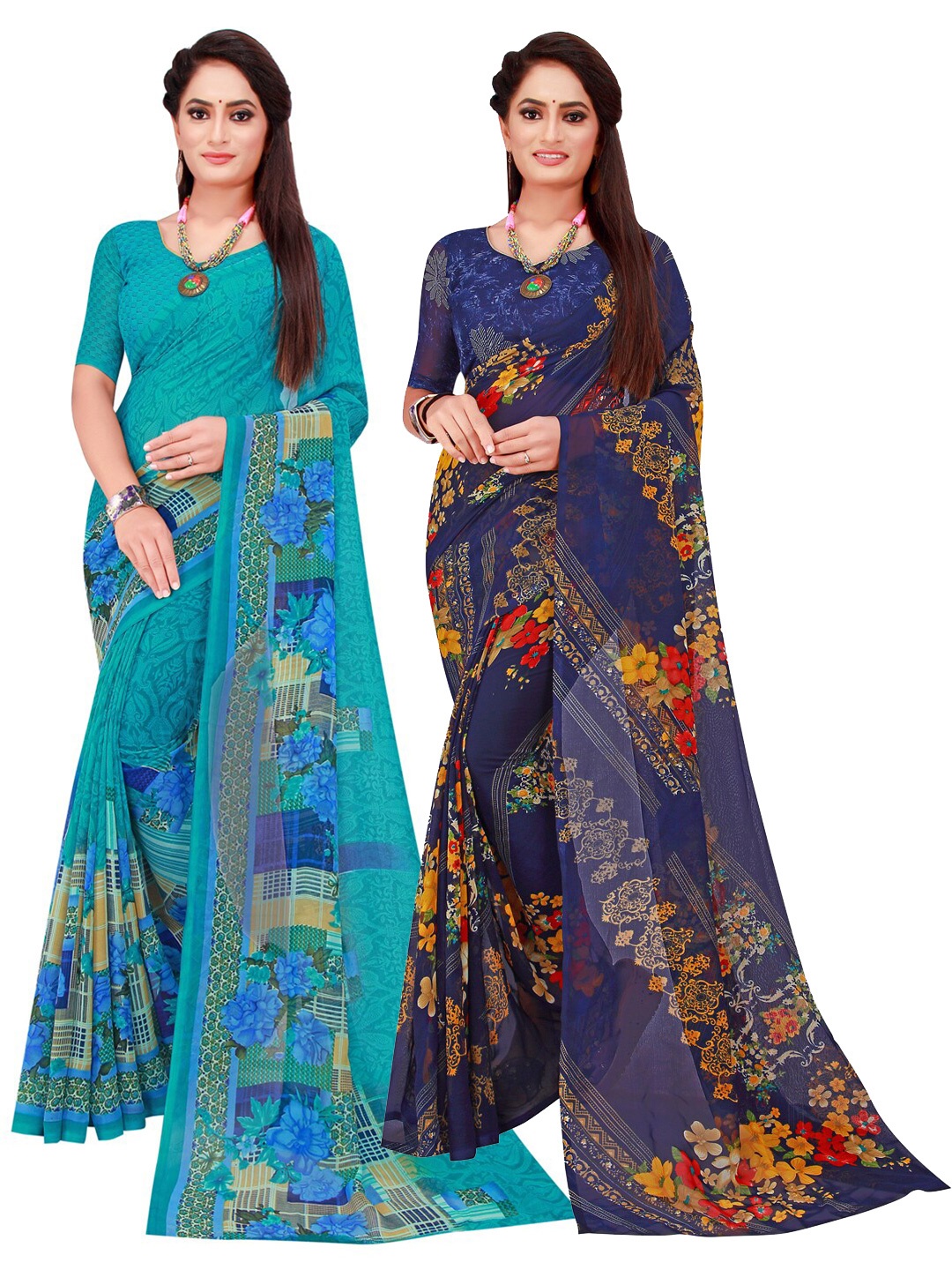 

SAADHVI Turquoise Blue & Red Set Of 2 Pure Georgette Saree