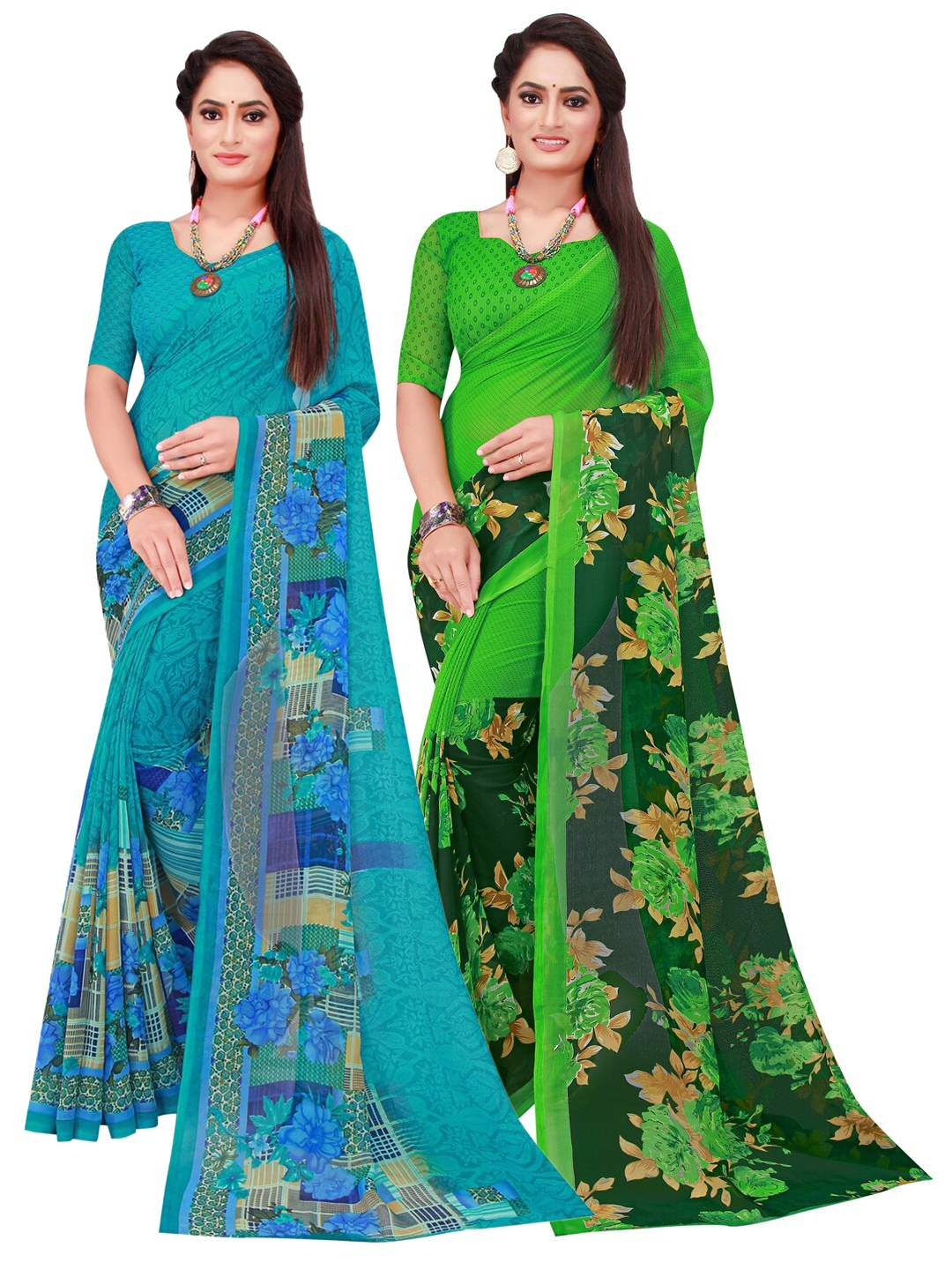 

SAADHVI Turquoise Blue & Green Set Of 2 Pure Georgette Saree