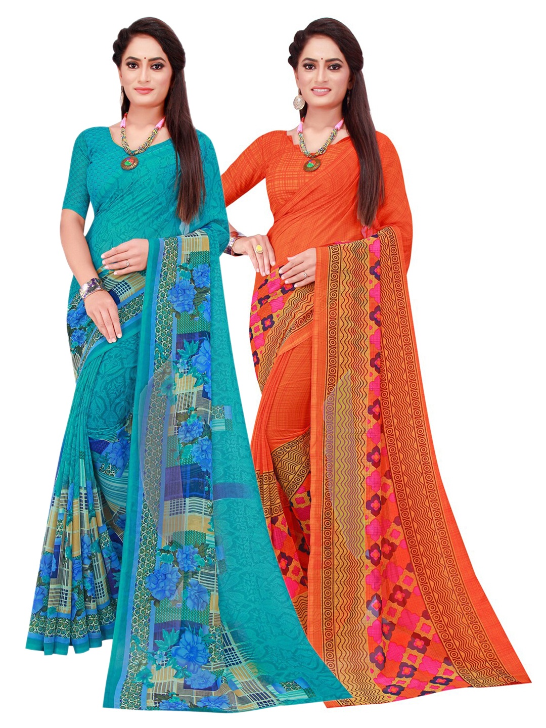 

SAADHVI Pack Of 2 Pure Georgette Sarees, Orange