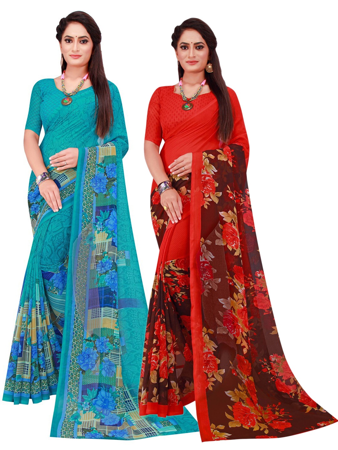 

SAADHVI Pack Of 2 Pure Georgette Sarees, Turquoise blue