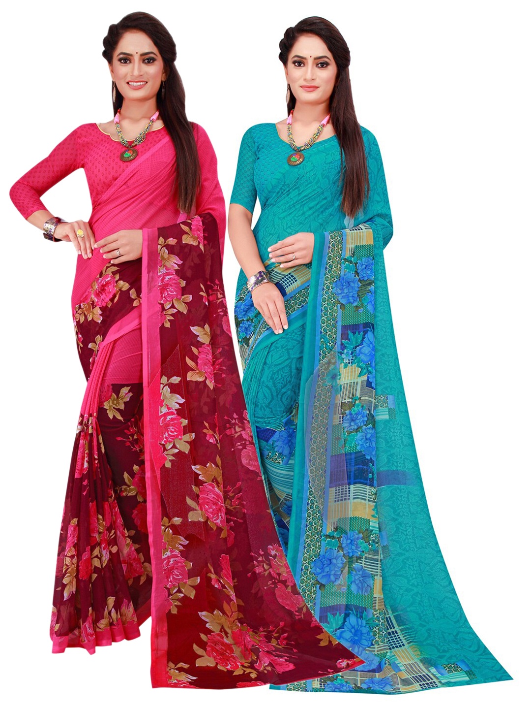 

SAADHVI Turquoise Blue & Pink Set Of 2 Pure Georgette Saree