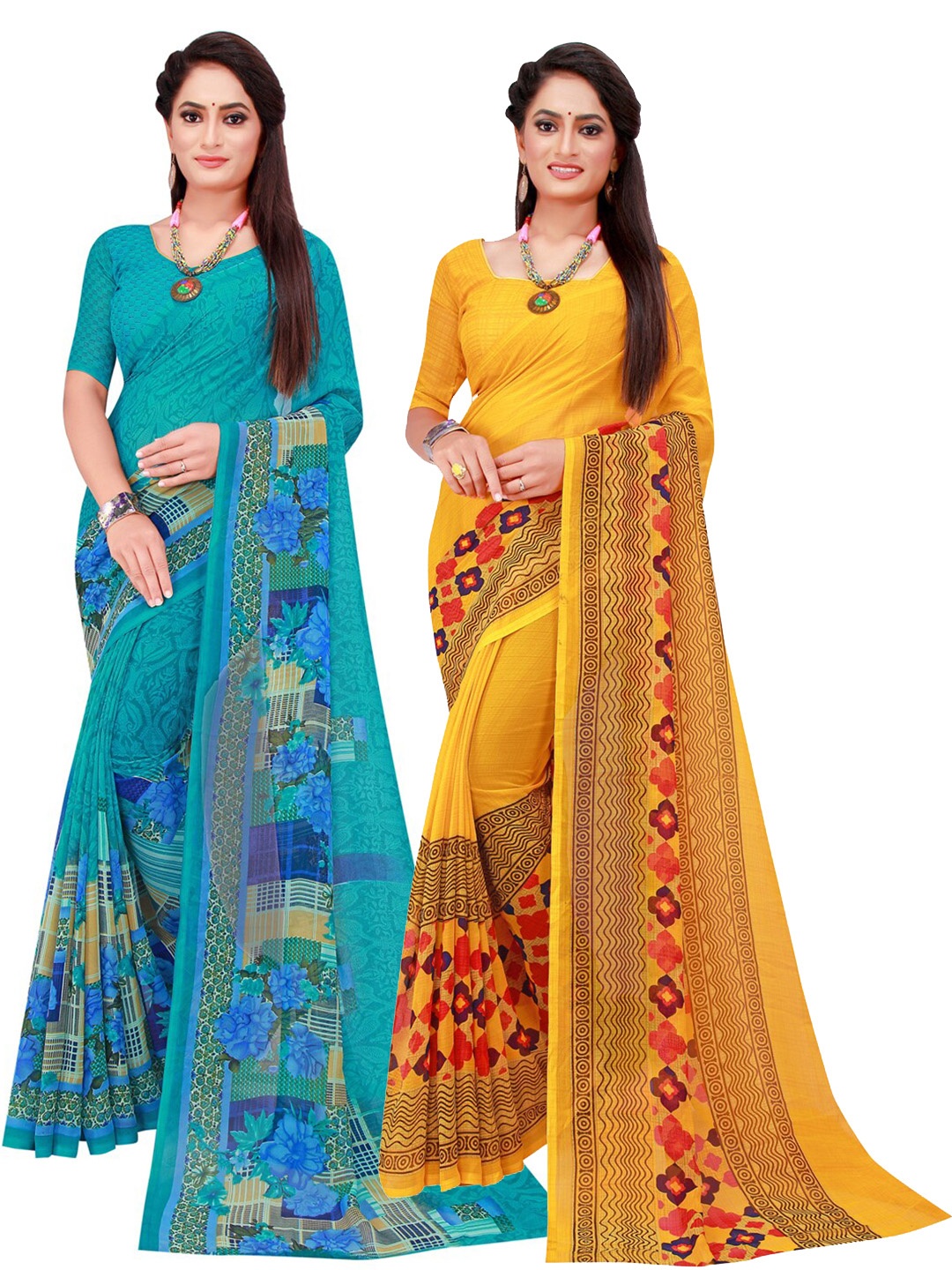 

SAADHVI Turquoise Blue & Yellow Set Of 2 Pure Georgette Saree