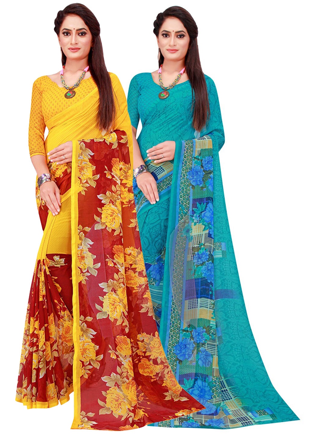

SAADHVI Pack Of 2 Pure Georgette Sarees, Turquoise blue