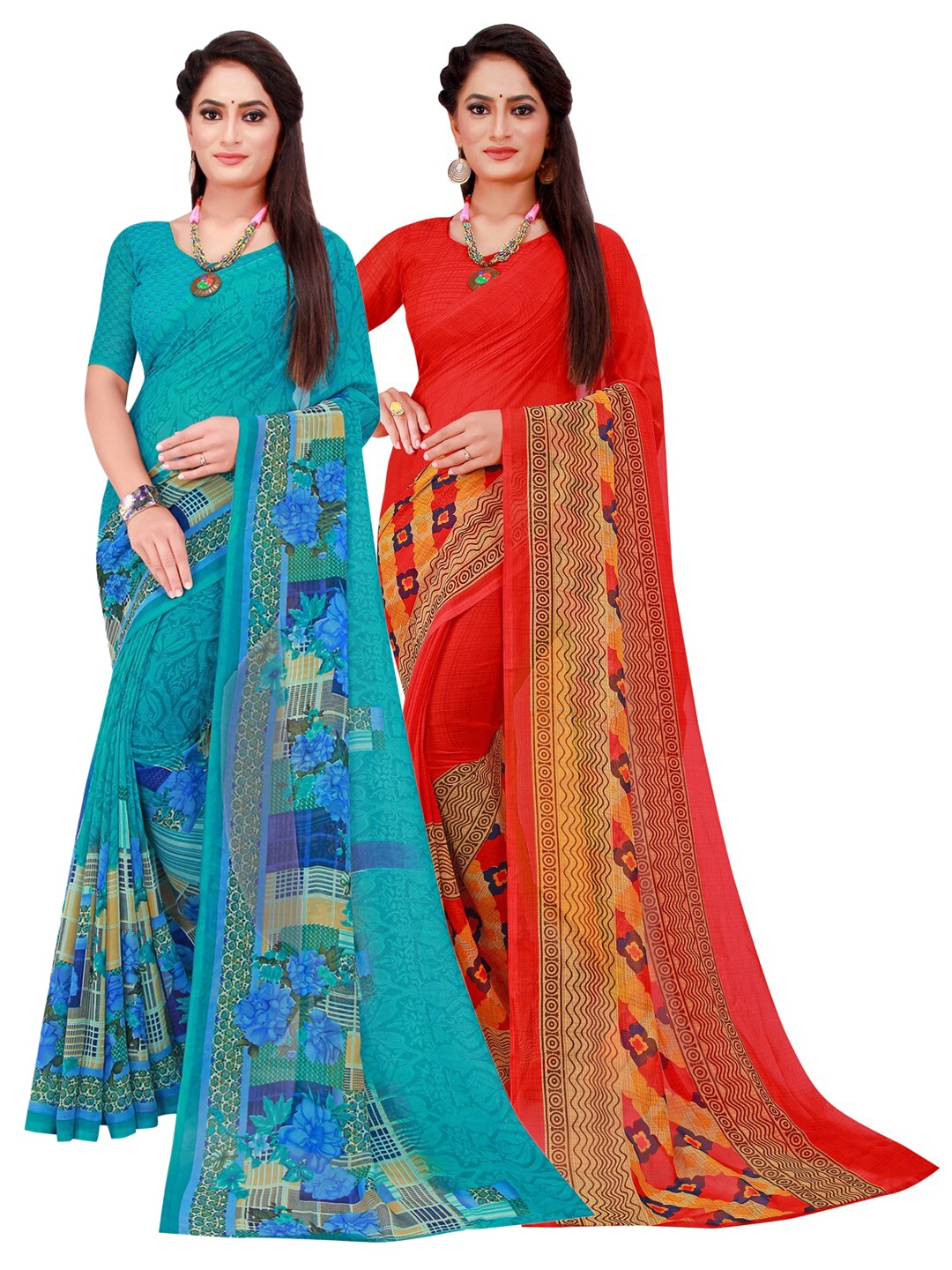 

SAADHVI Red & Turquoise Blue Set Of 2 Pure Georgette Saree