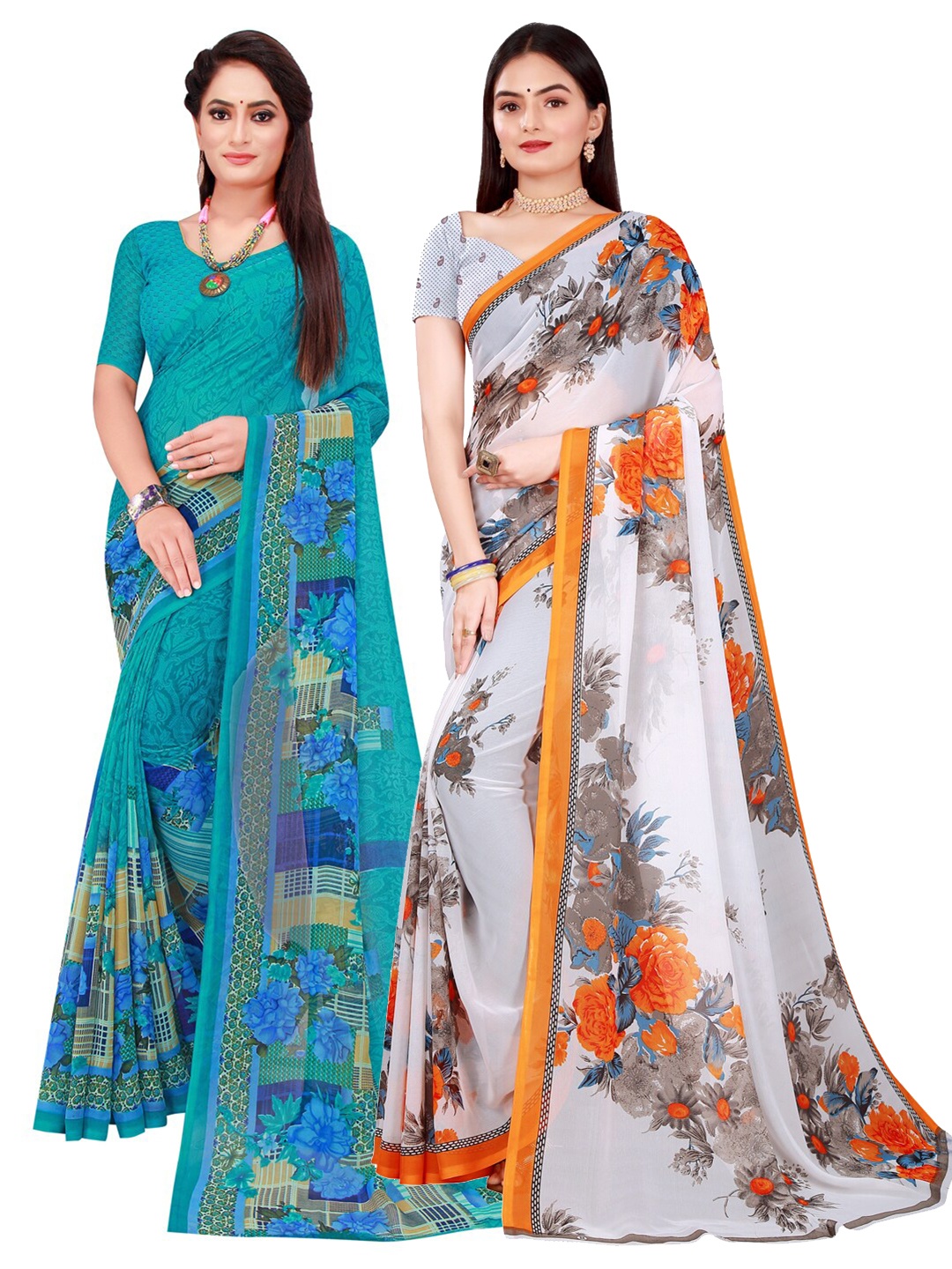 

SAADHVI Pack Of 2 Pure Georgette Sarees, Turquoise blue