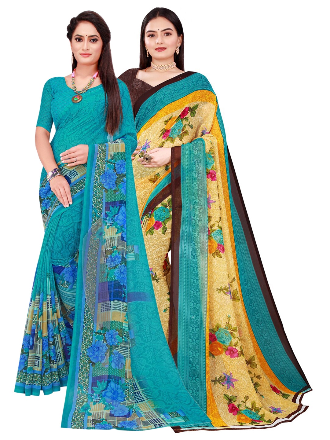 

SAADHVI Turquoise Blue & Beige Set Of 2 Pure Georgette Saree