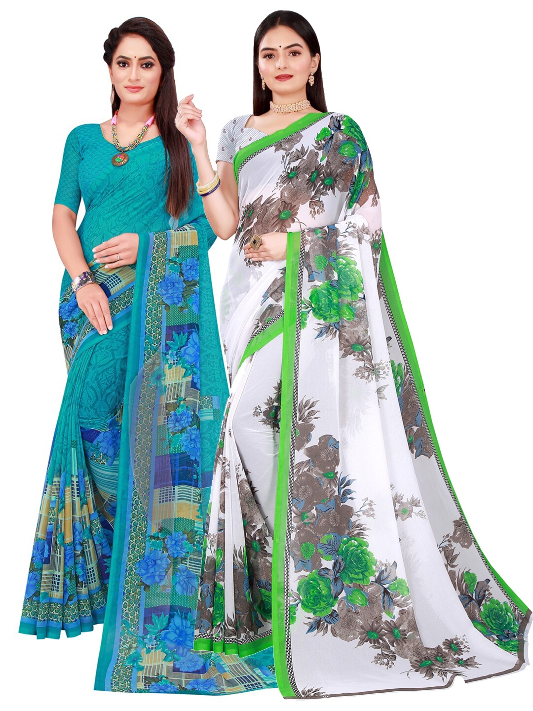 

SAADHVI Turquoise Blue & White Set Of 2 Pure Georgette Saree