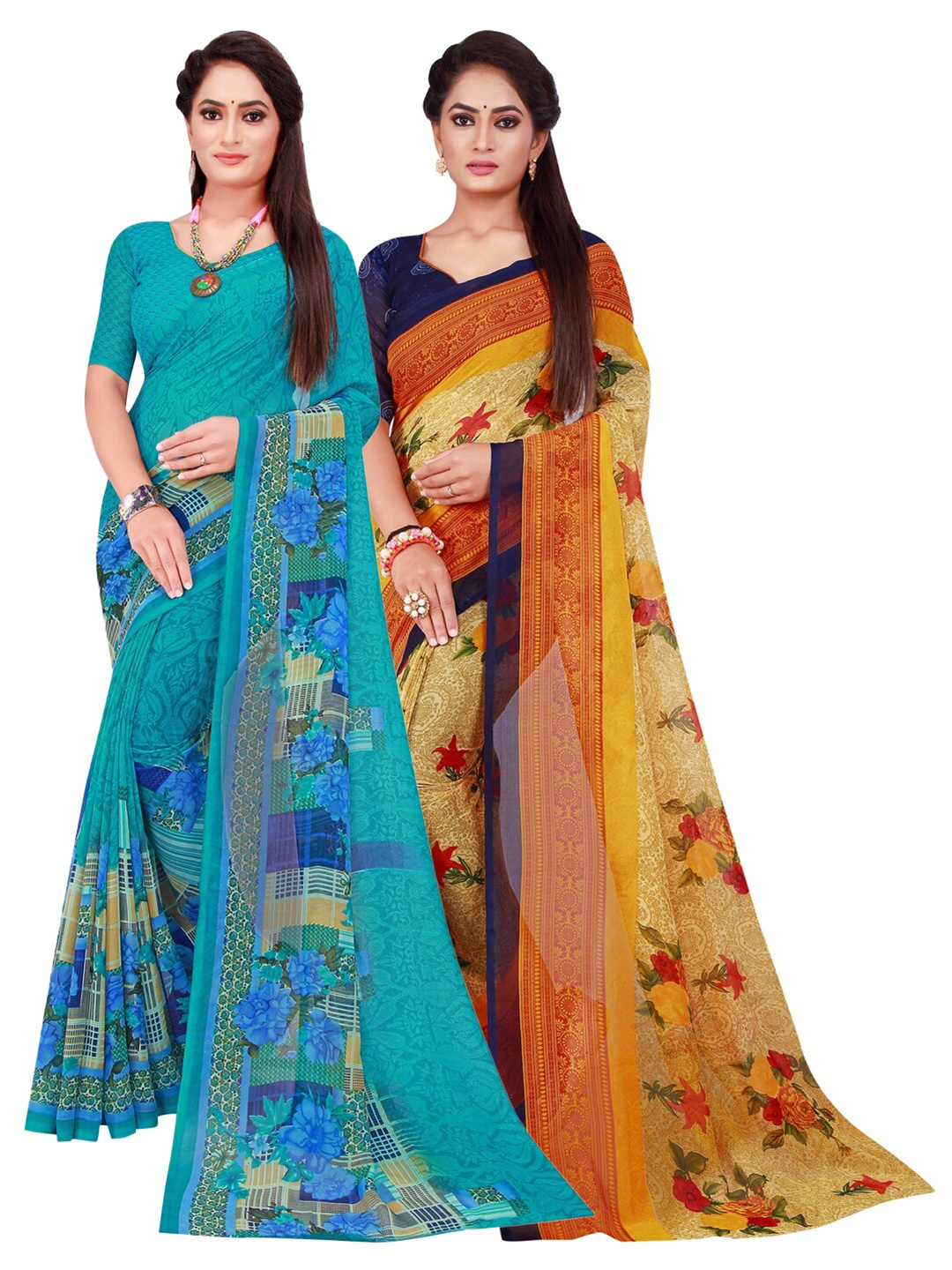 

SAADHVI Pack Of 2 Pure Georgette Sarees, Turquoise blue