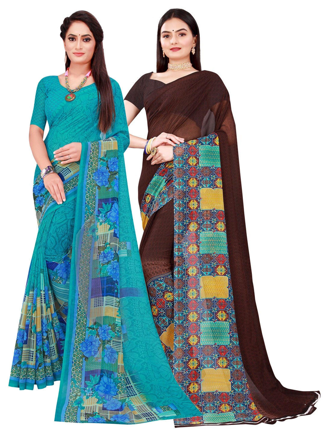 

SAADHVI Brown & Turquoise Blue Set Of 2 Floral Pure Georgette Saree