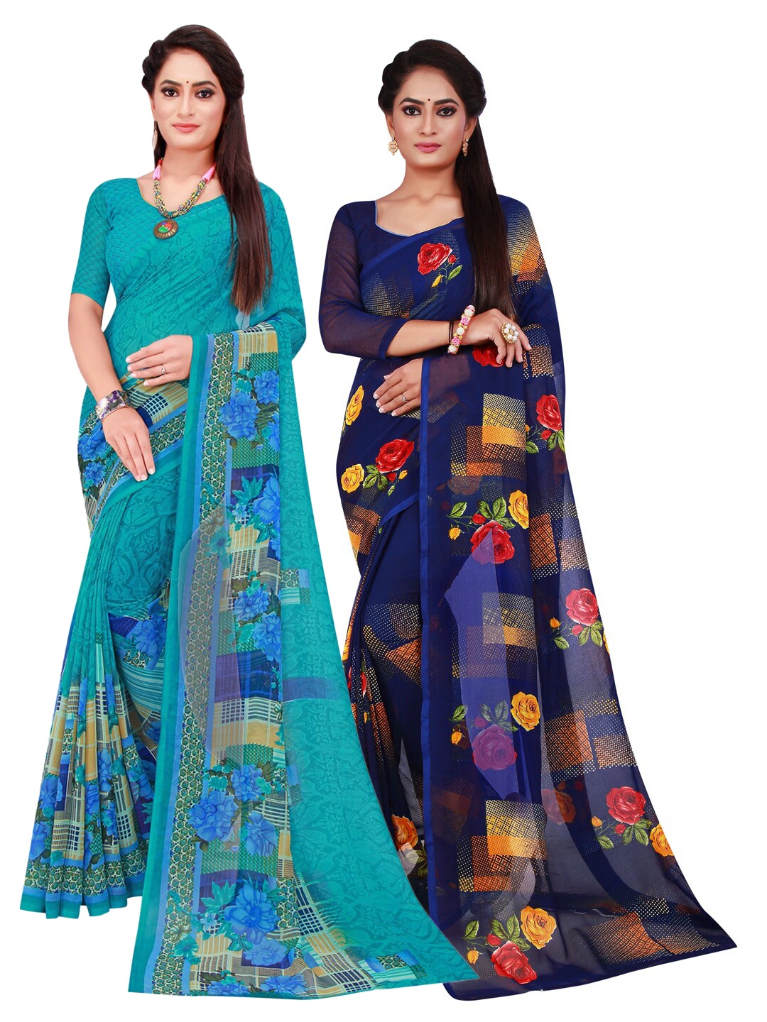 

SAADHVI Pack Of 2 Pure Georgette Sarees, Turquoise blue
