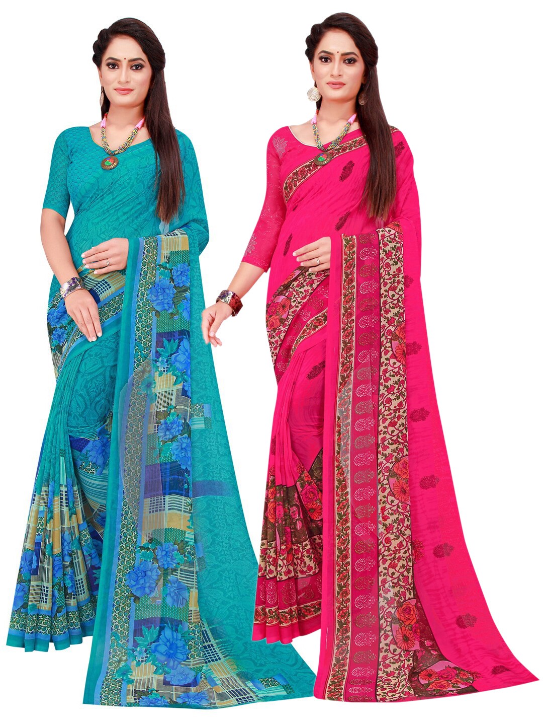 

SAADHVI Turquoise Blue & Pink Set Of 2 Pure Georgette Saree