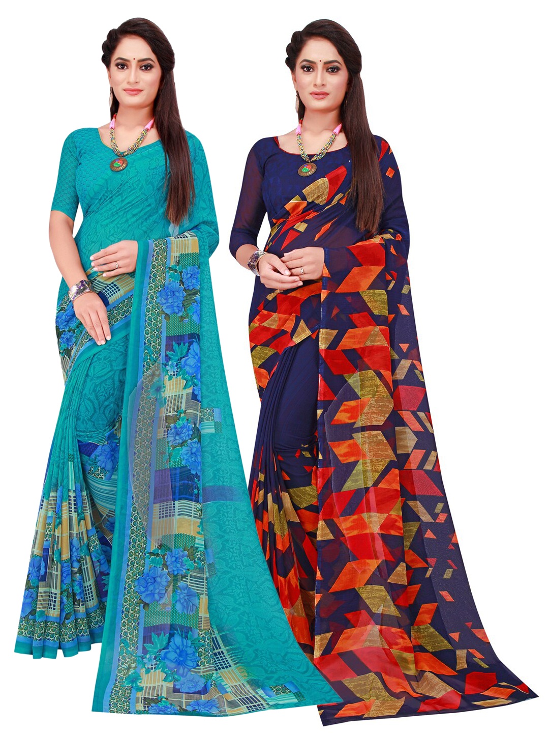 

SAADHVI Navy Blue & Turquoise Blue Set Of 2 Pure Georgette Saree