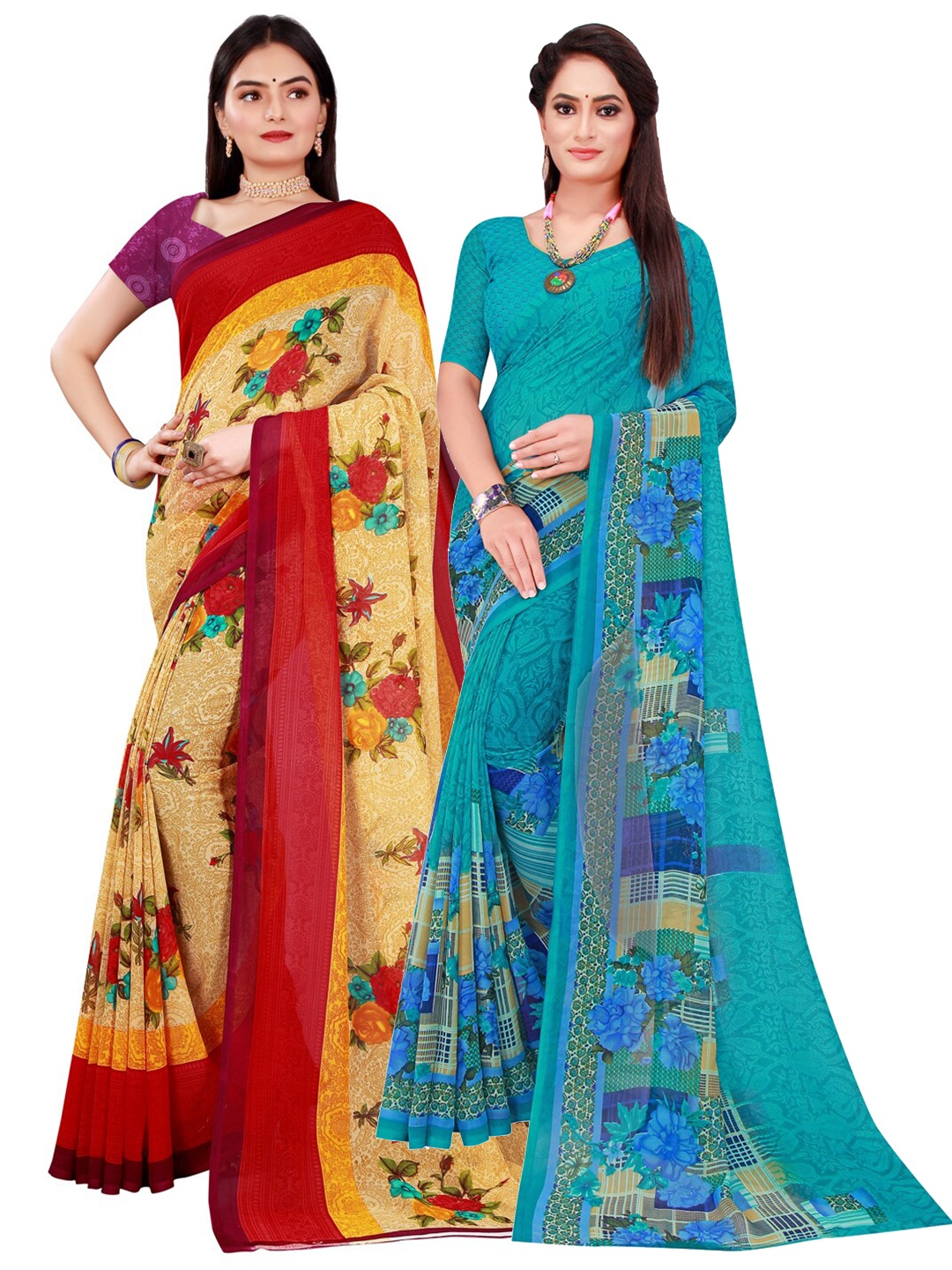 

SAADHVI Pack Of 2 Pure Georgette Sarees, Beige