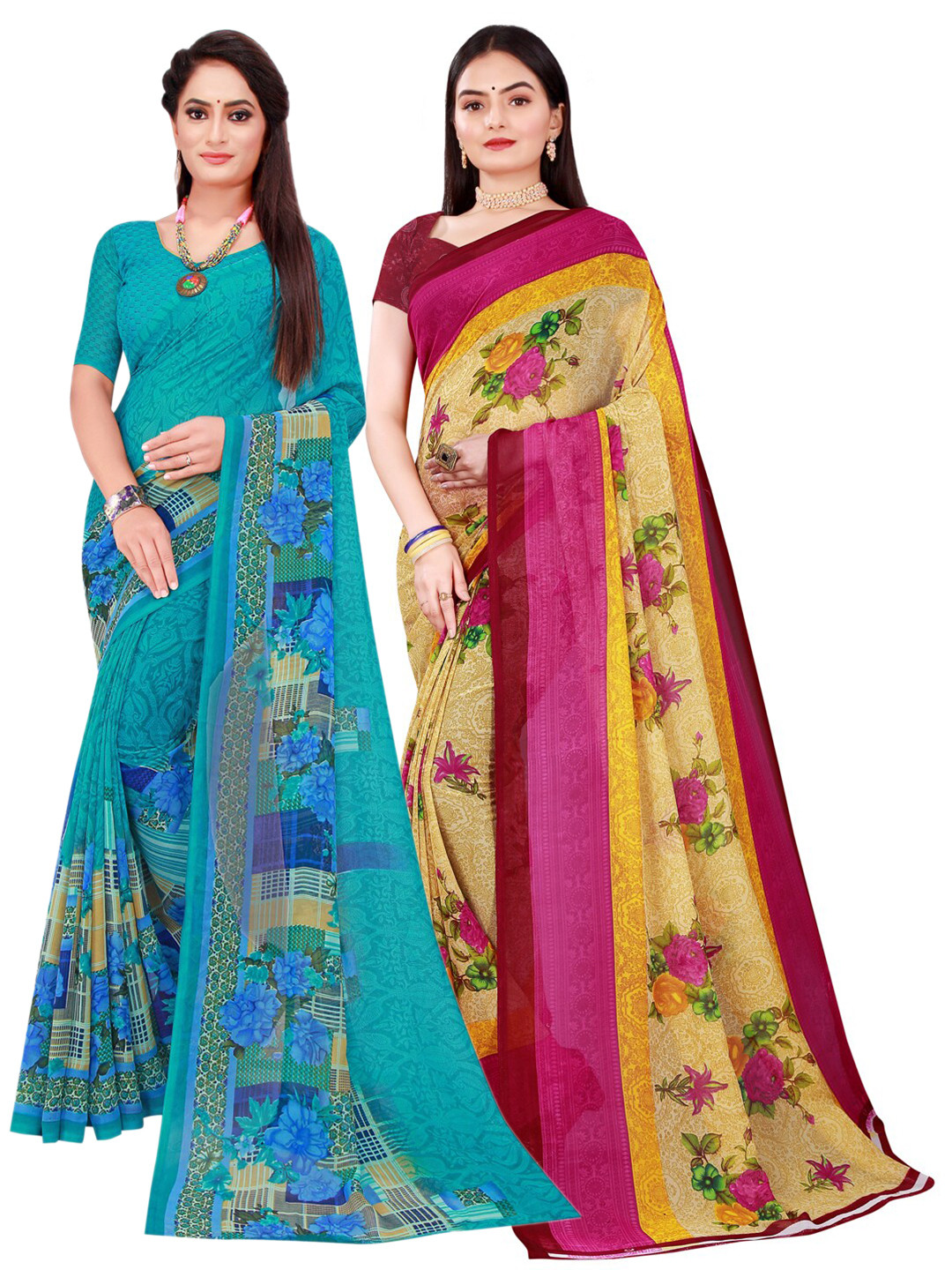 

SAADHVI Pack Of 2 Pure Georgette Sarees, Beige