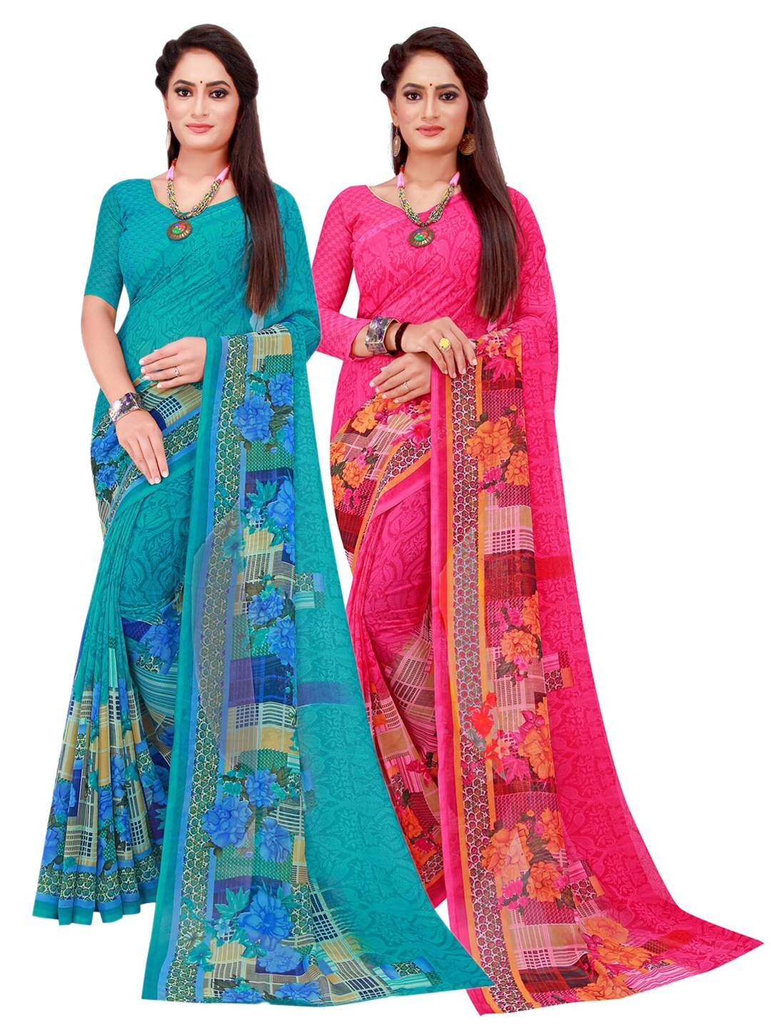 

SAADHVI Pack Of 2 Pure Georgette Sarees, Turquoise blue