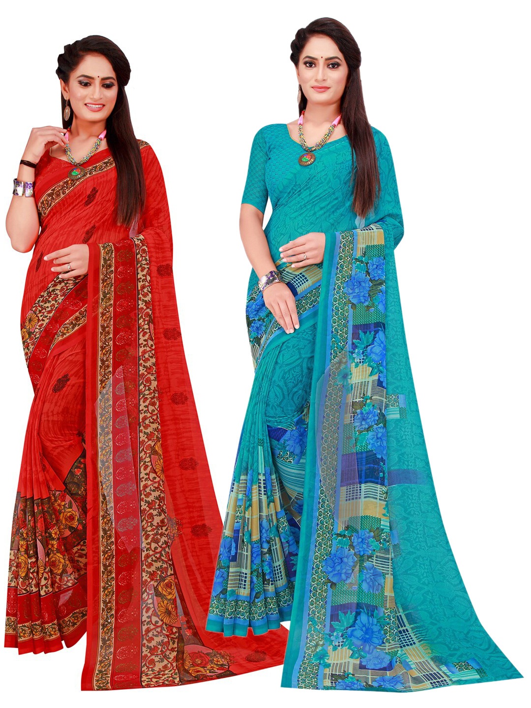 

SAADHVI Turquoise Blue & Red Set Of 2 Floral Pure Georgette Saree