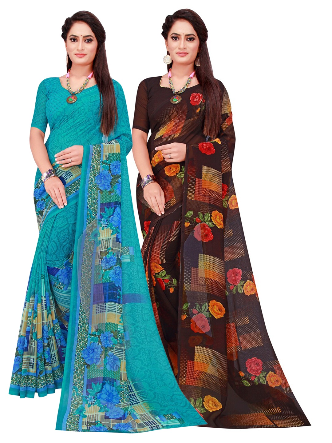 

SAADHVI Pack Of 2 Pure Georgette Sarees, Turquoise blue