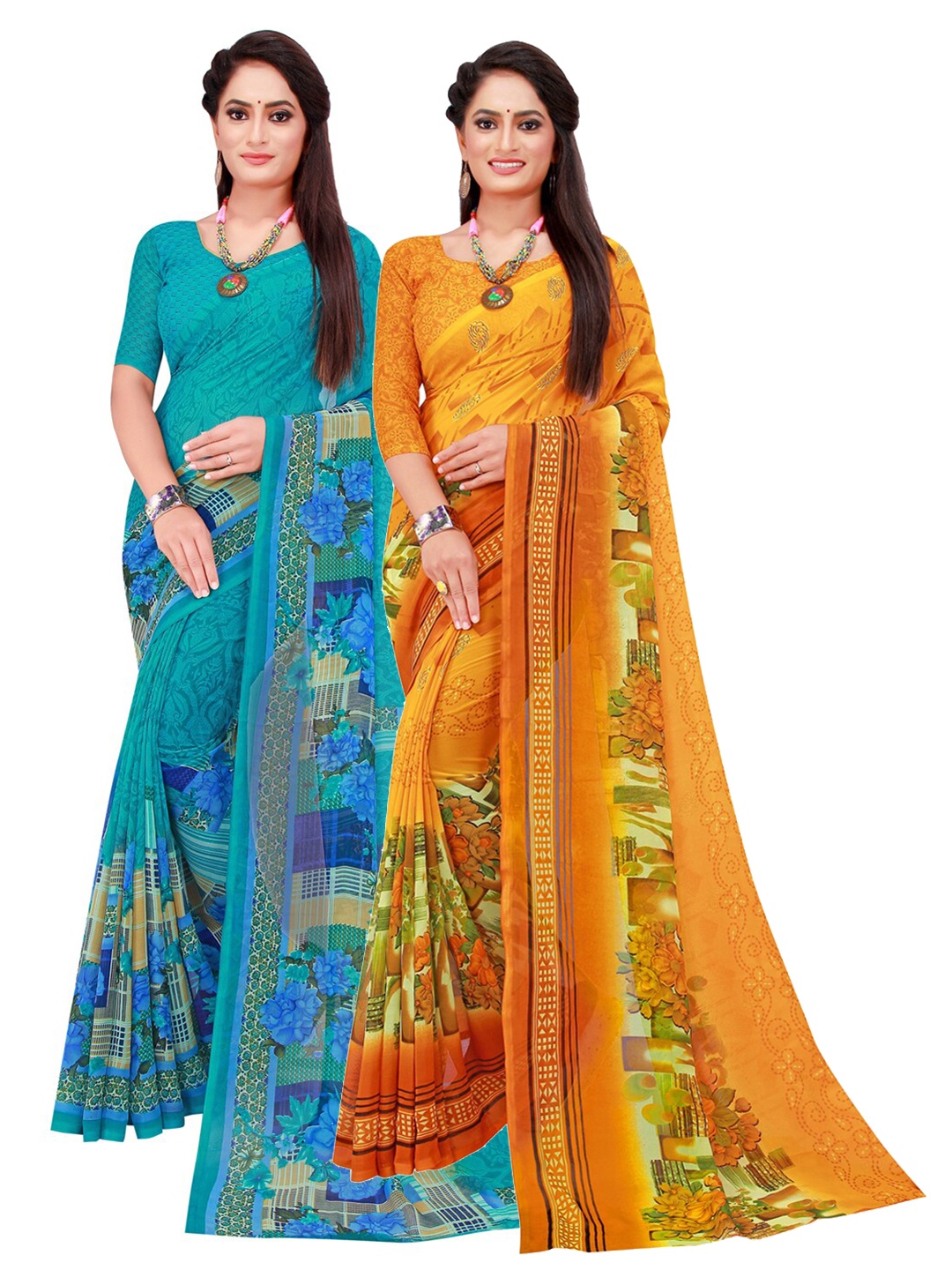 

SAADHVI Turquoise Blue & Orange Set Of 2 Pure Georgette Saree
