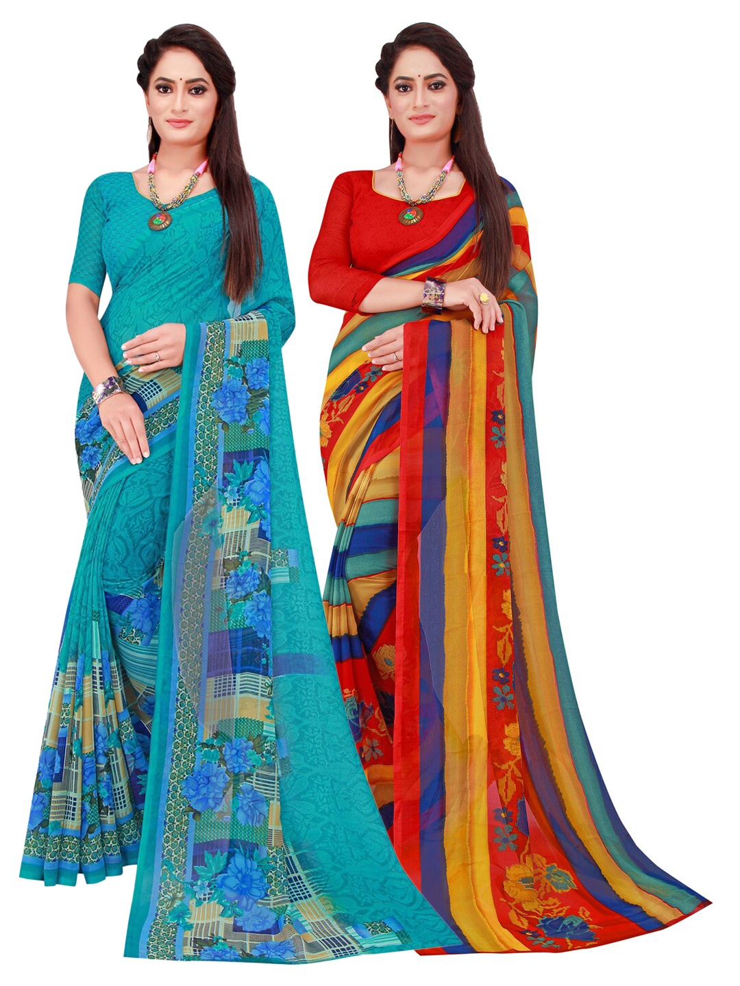 SAADHVI Blue & Red Set Of 2 Floral Pure Georgette Saree