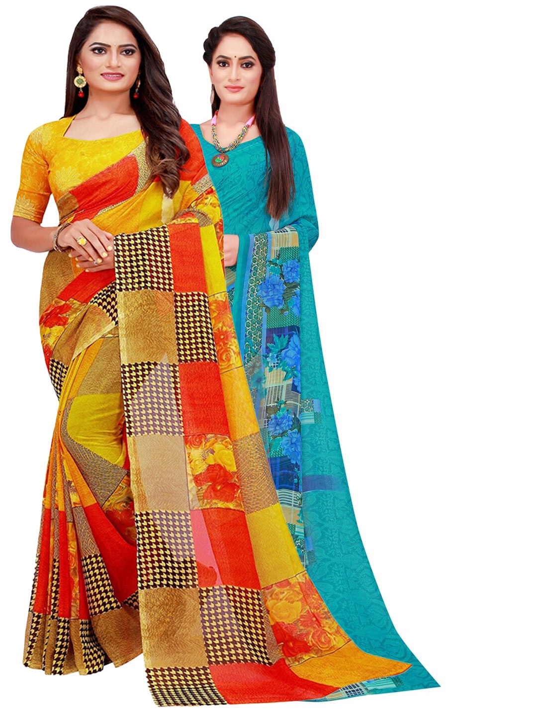 

SAADHVI Pack Of 2 Pure Georgette Sarees, Turquoise blue