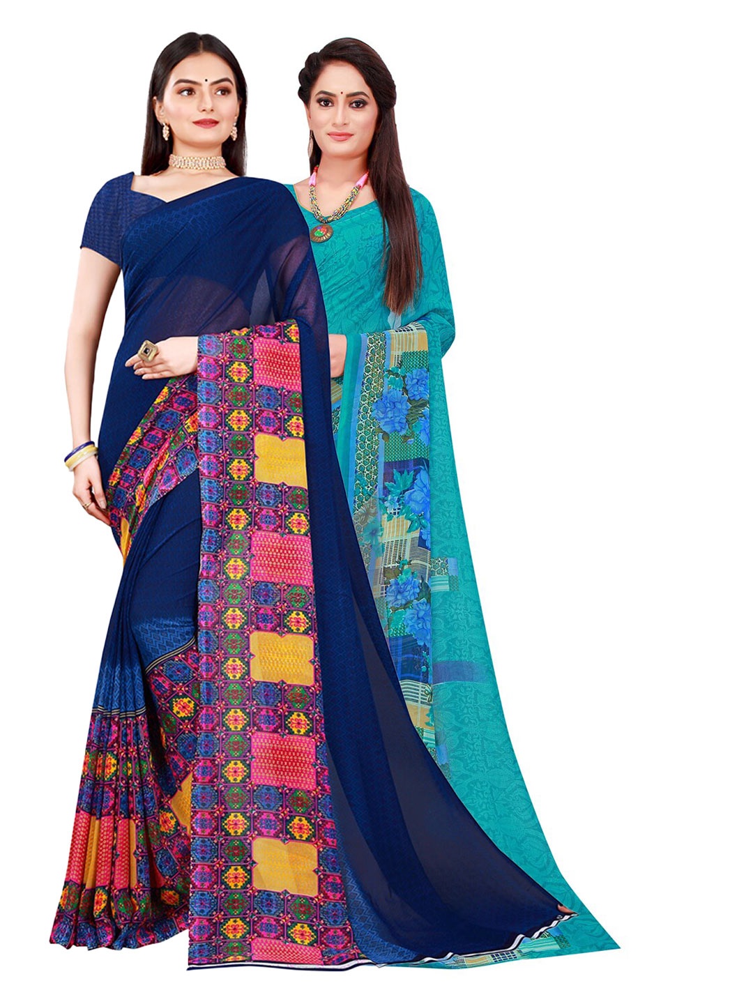 

SAADHVI Pack Of 2 Pure Georgette Sarees, Turquoise blue