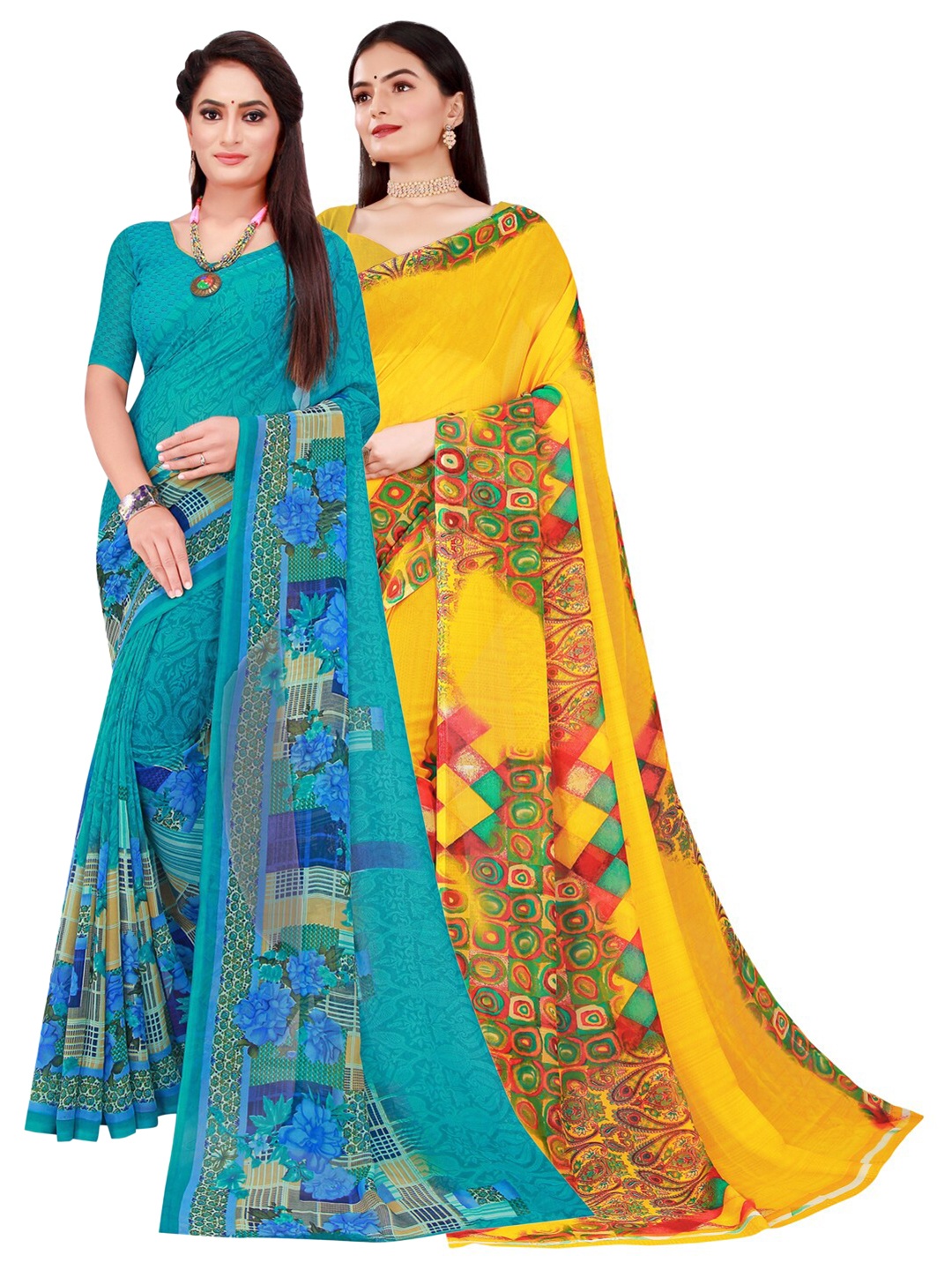 

SAADHVI Turquoise Blue & Yellow Set Of 2 Floral Pure Georgette Saree