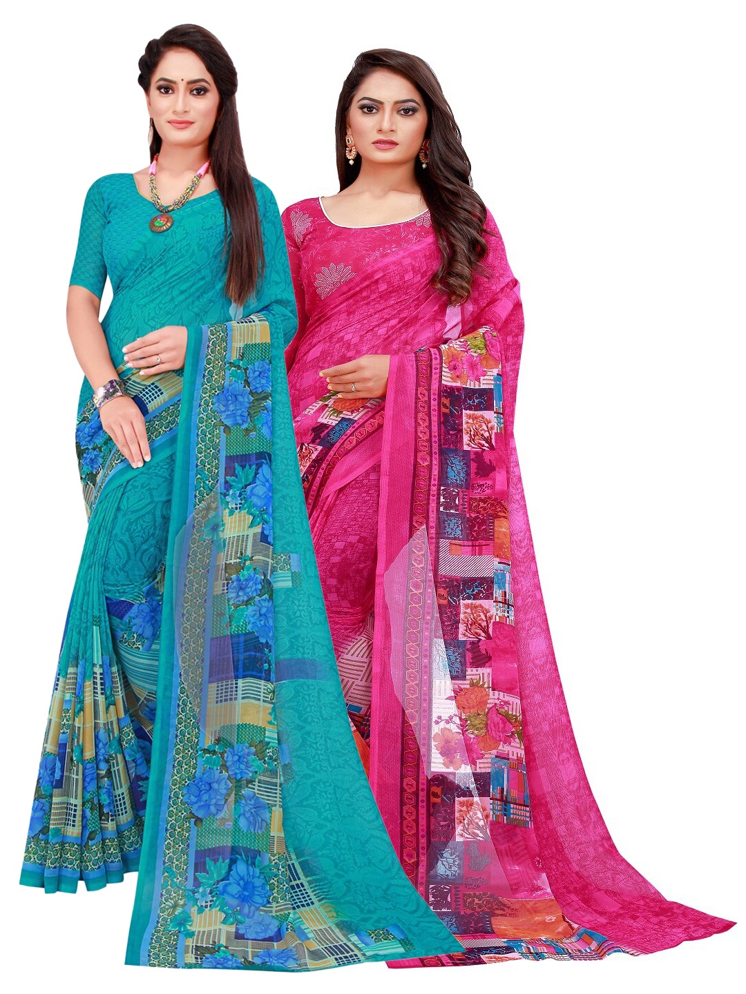 

SAADHVI Magenta & Blue Floral Set Of 2 Pure Georgette Saree