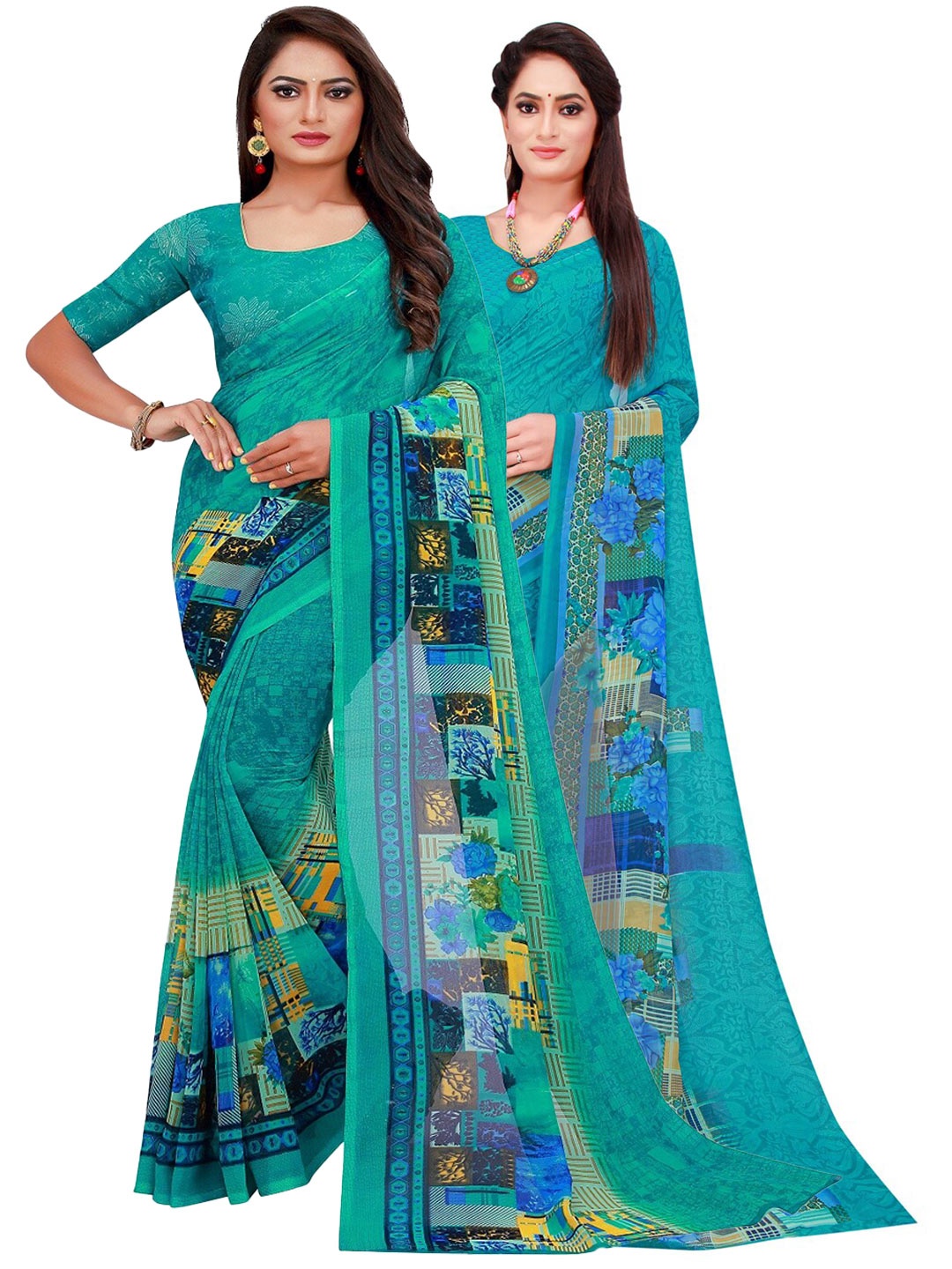 

SAADHVI Turquoise Blue & Green Set Of 2 Pure Georgette Saree