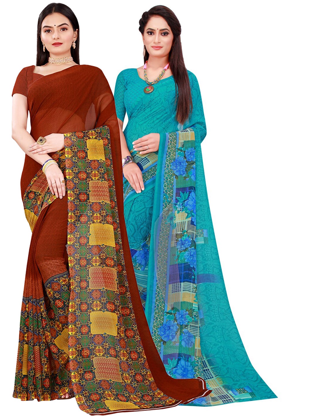 

SAADHVI Pack Of 2 Pure Georgette Sarees, Turquoise blue