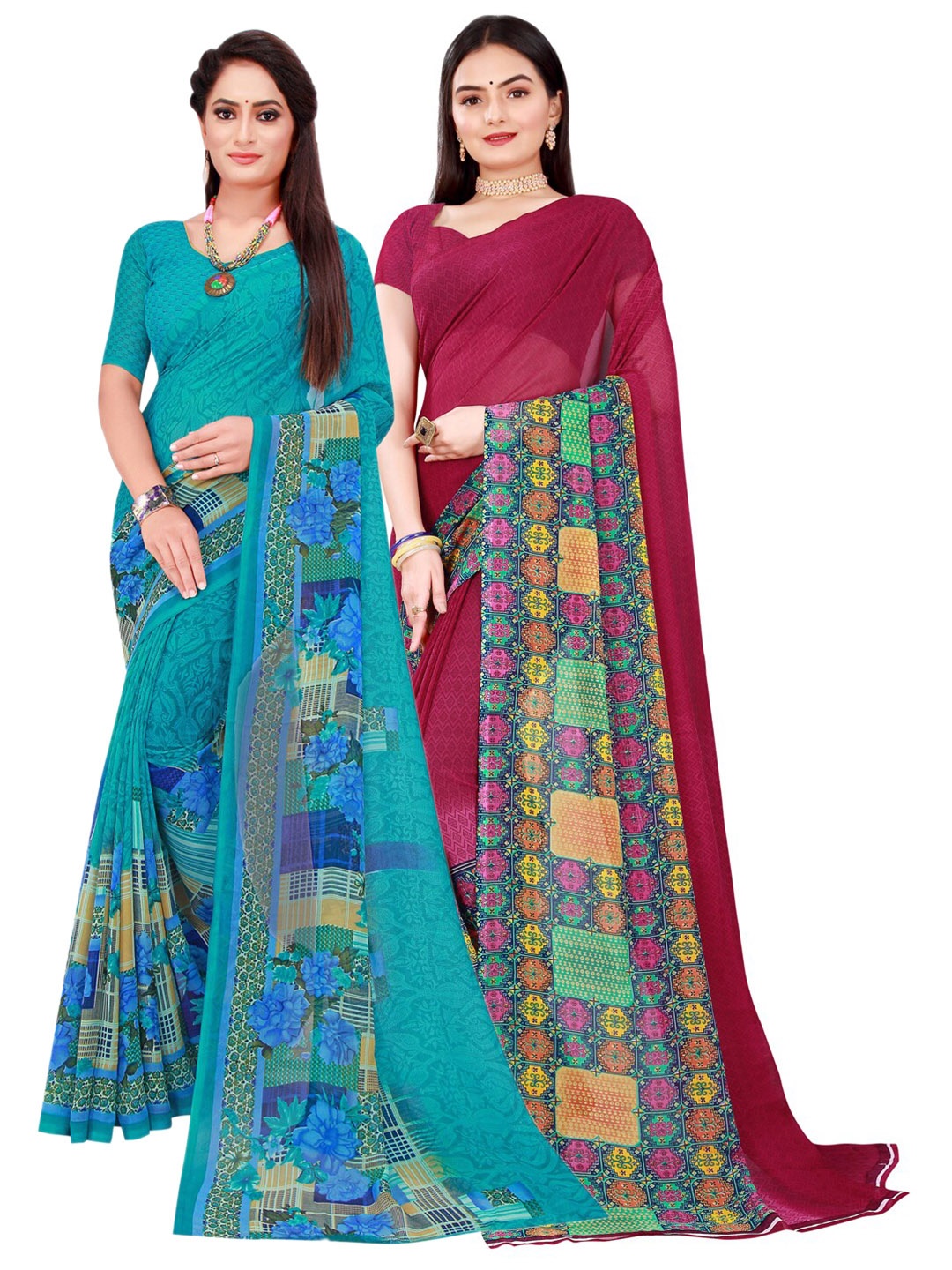 

SAADHVI Pack Of 2 Pure Georgette Sarees, Turquoise blue