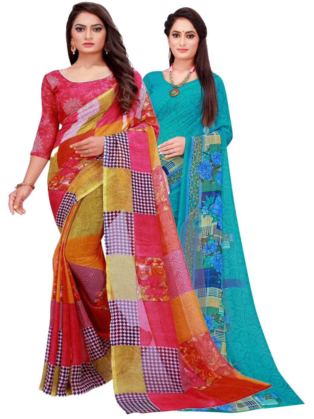 

SAADHVI Red & Turquoise Blue Set Of 2 Pure Georgette Saree