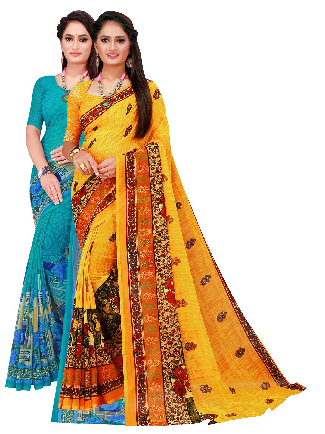 

SAADHVI Pack Of 2 Pure Georgette Sarees, Turquoise blue