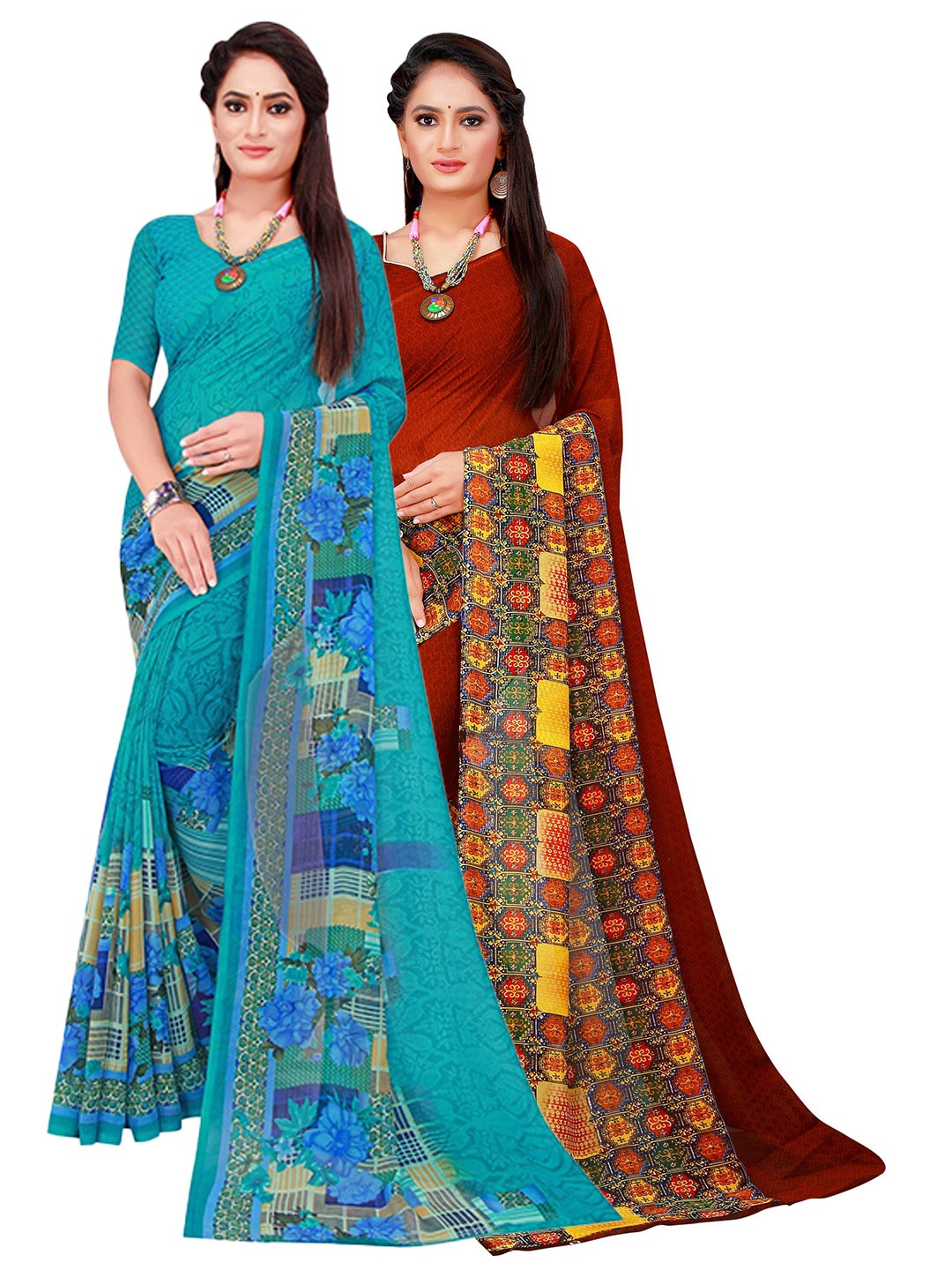 

SAADHVI Pack Of 2 Pure Georgette Sarees, Turquoise blue