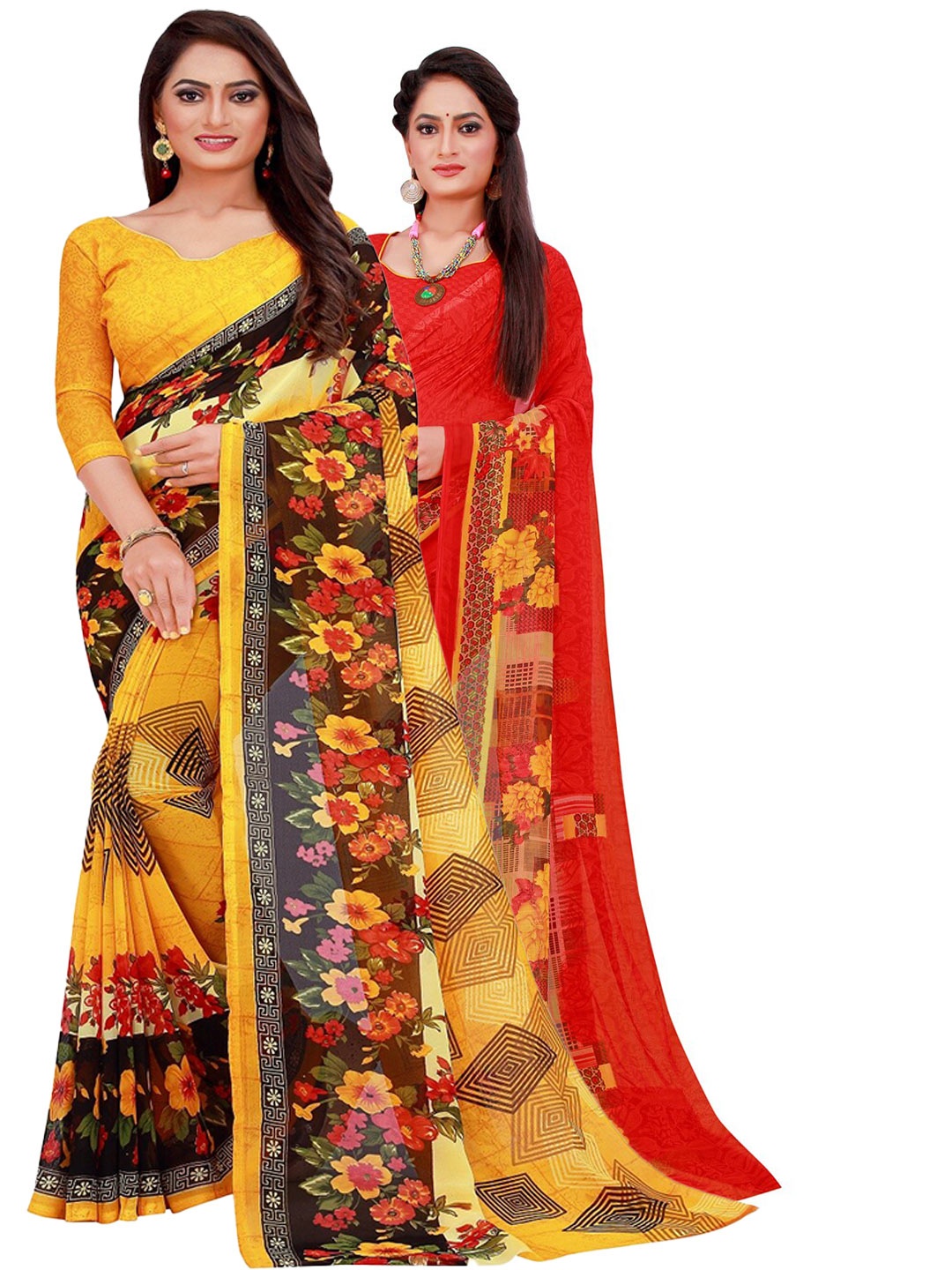 

SAADHVI Yellow & Red Set Of 2 Pure Georgette Saree