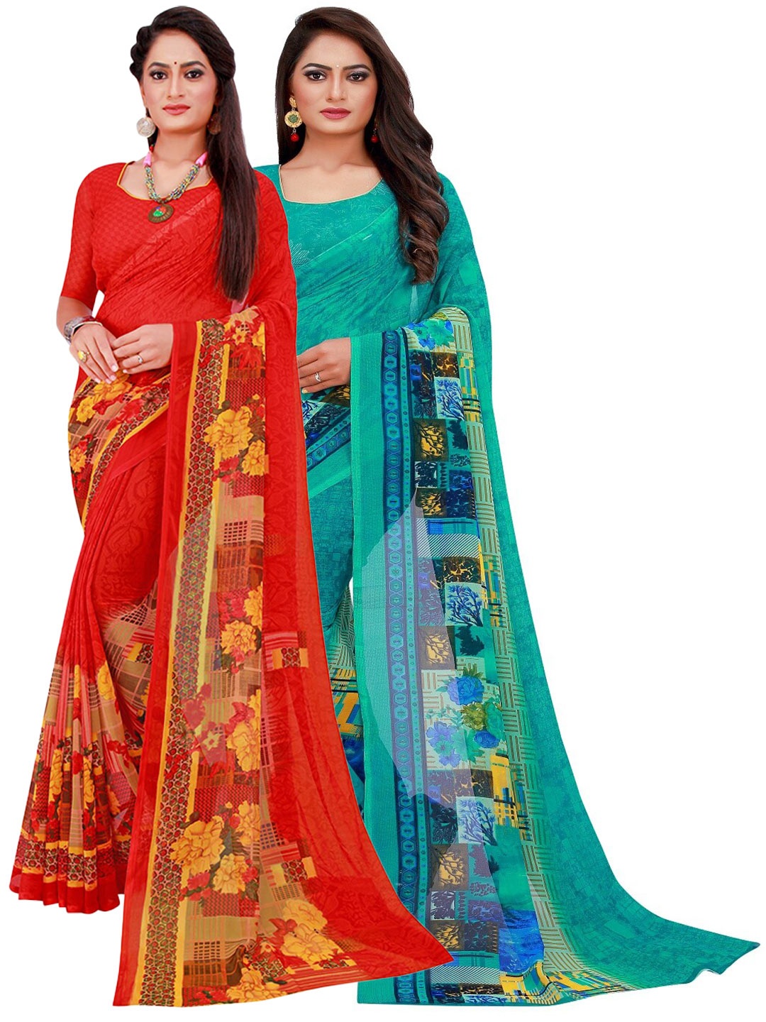 

SAADHVI Turquoise Blue & Red Set Of 2 Pure Georgette Saree