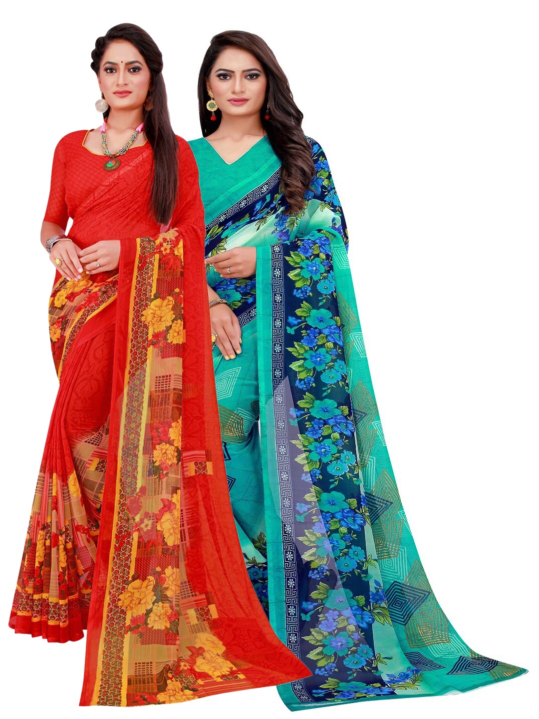 

SAADHVI Pack Of 2 Pure Georgette Sarees, Turquoise blue