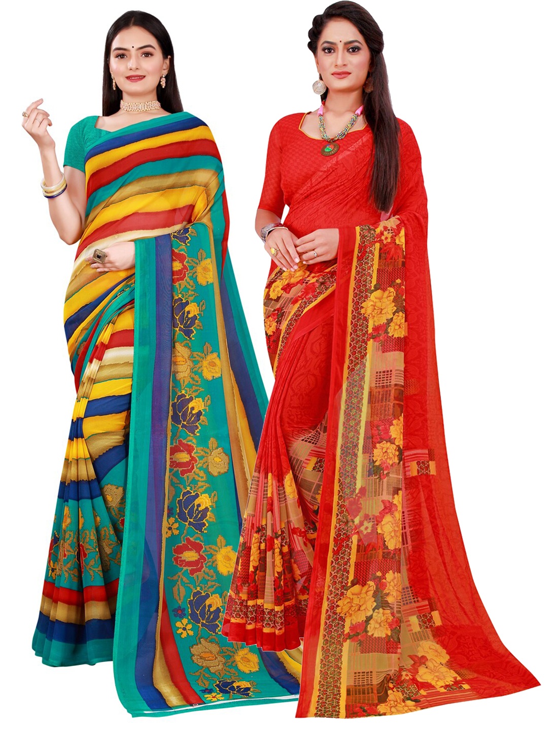 

SAADHVI Yellow & Red Set Of 2 Pure Georgette Saree